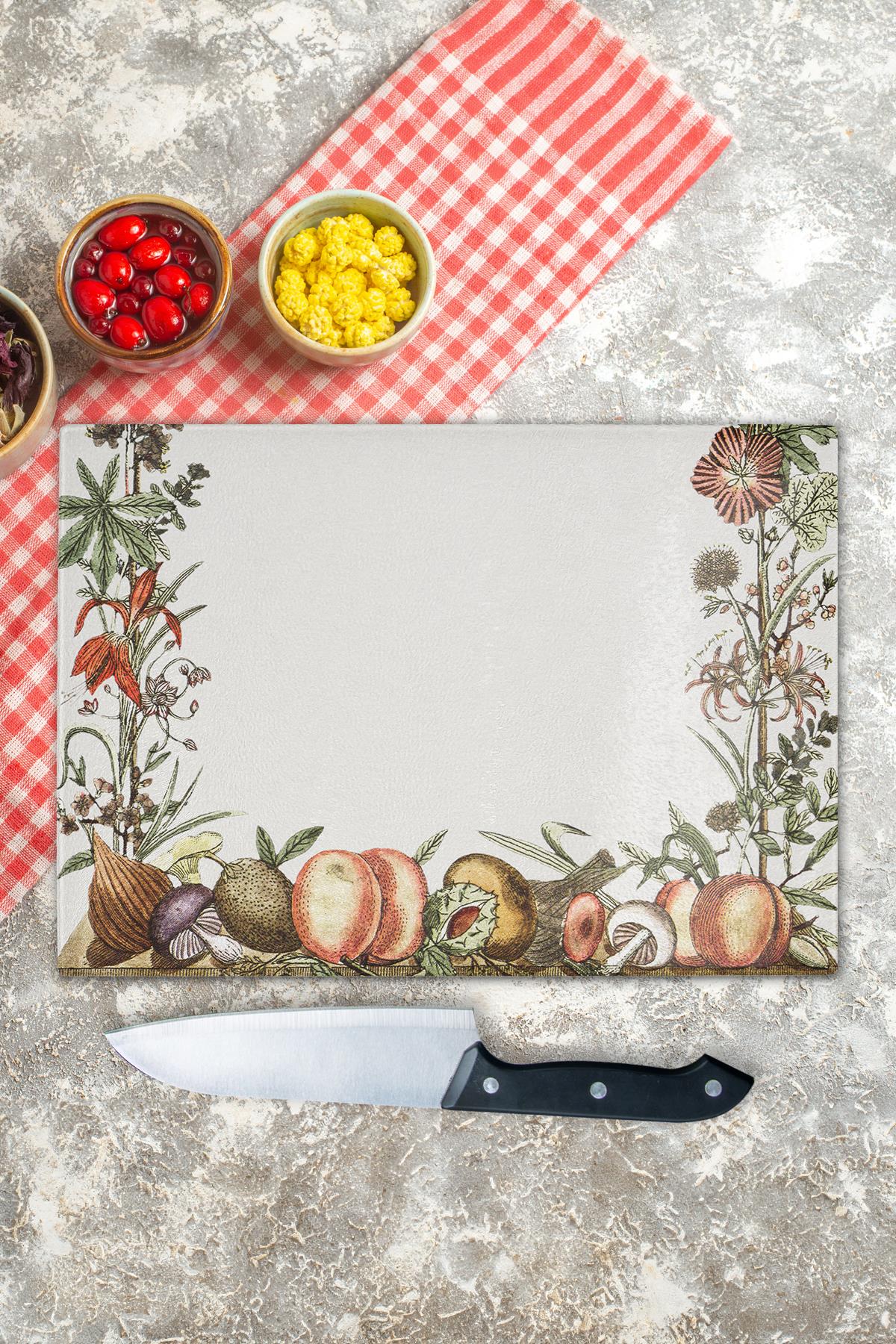 Cam Kesme Tahtası, Kalın Ve Kırılmaz Cam - Vintage Sebzeler, 21*30cm, Doğrama Tahtası, Mutfak Dekoru