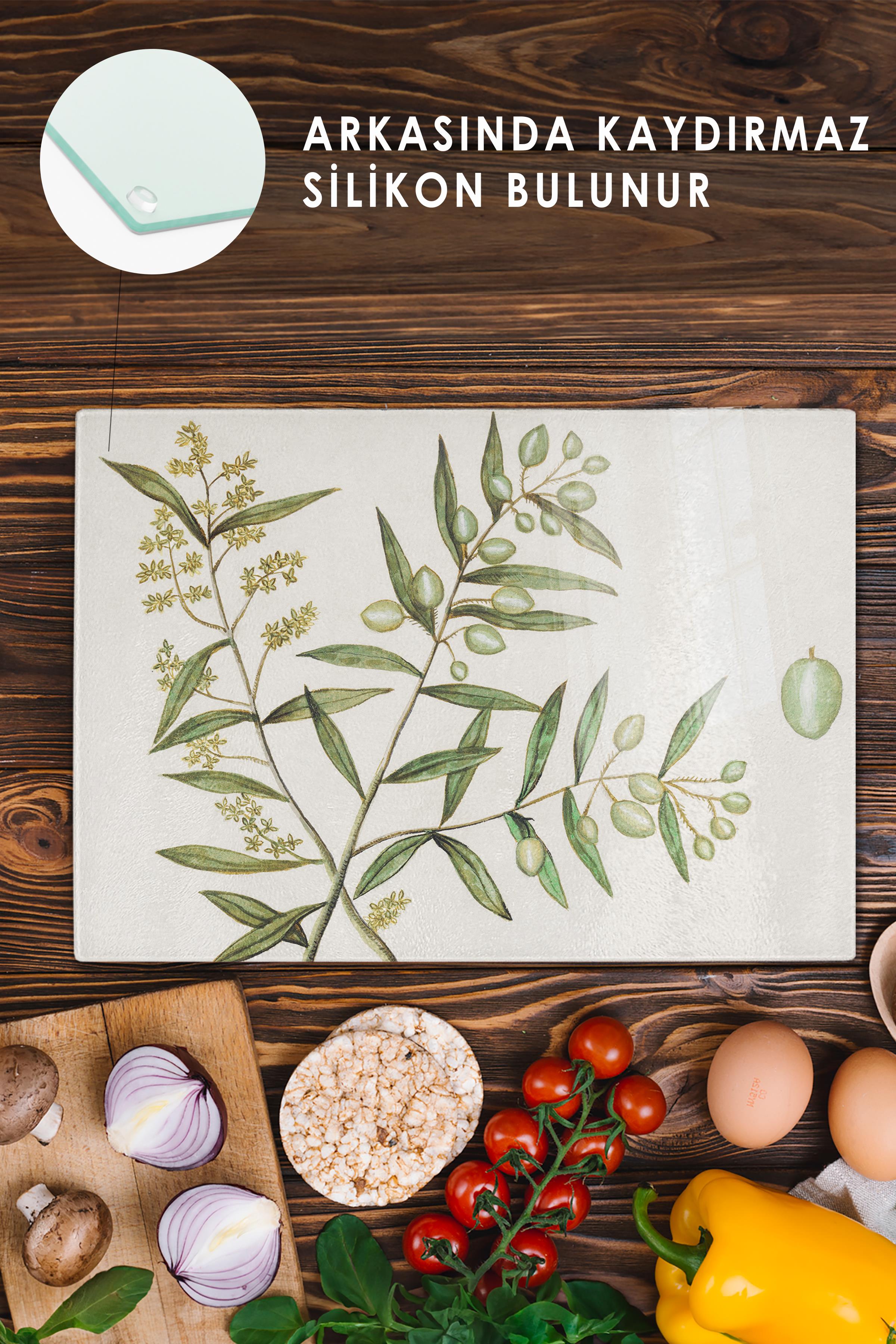 Cam Kesme Tahtası, Kalın Ve Kırılmaz Cam - Vintage Zeytin- 21*30cm - Doğrama Tahtası, Mutfak Dekoru