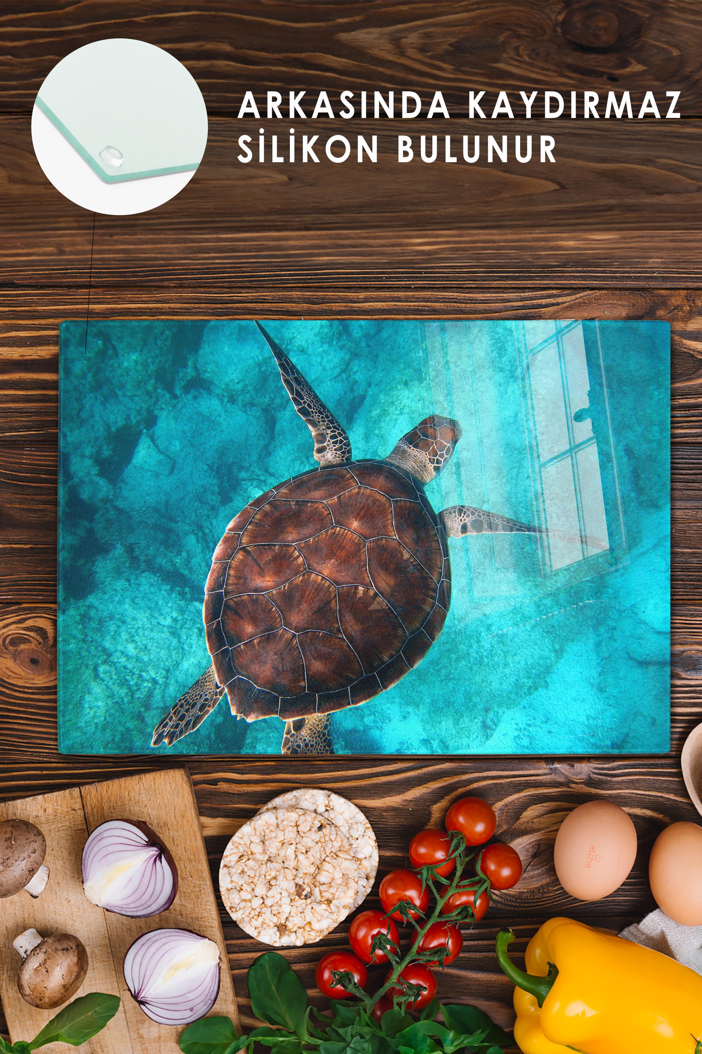 Cam Kesme Tahtası - Kaplumbağa Temalı - 21*30cm - Doğrama Tahtası - Estetik, Dekoratif Sunum Tahtası