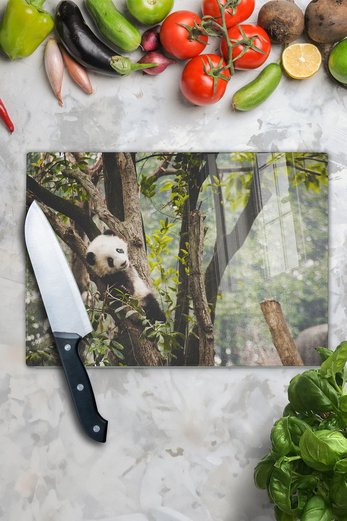 Cam Kesme Tahtası - Panda Temalı - 21*30cm - Doğrama Tahtası - Estetik, Dekoratif Sunum Tahtası