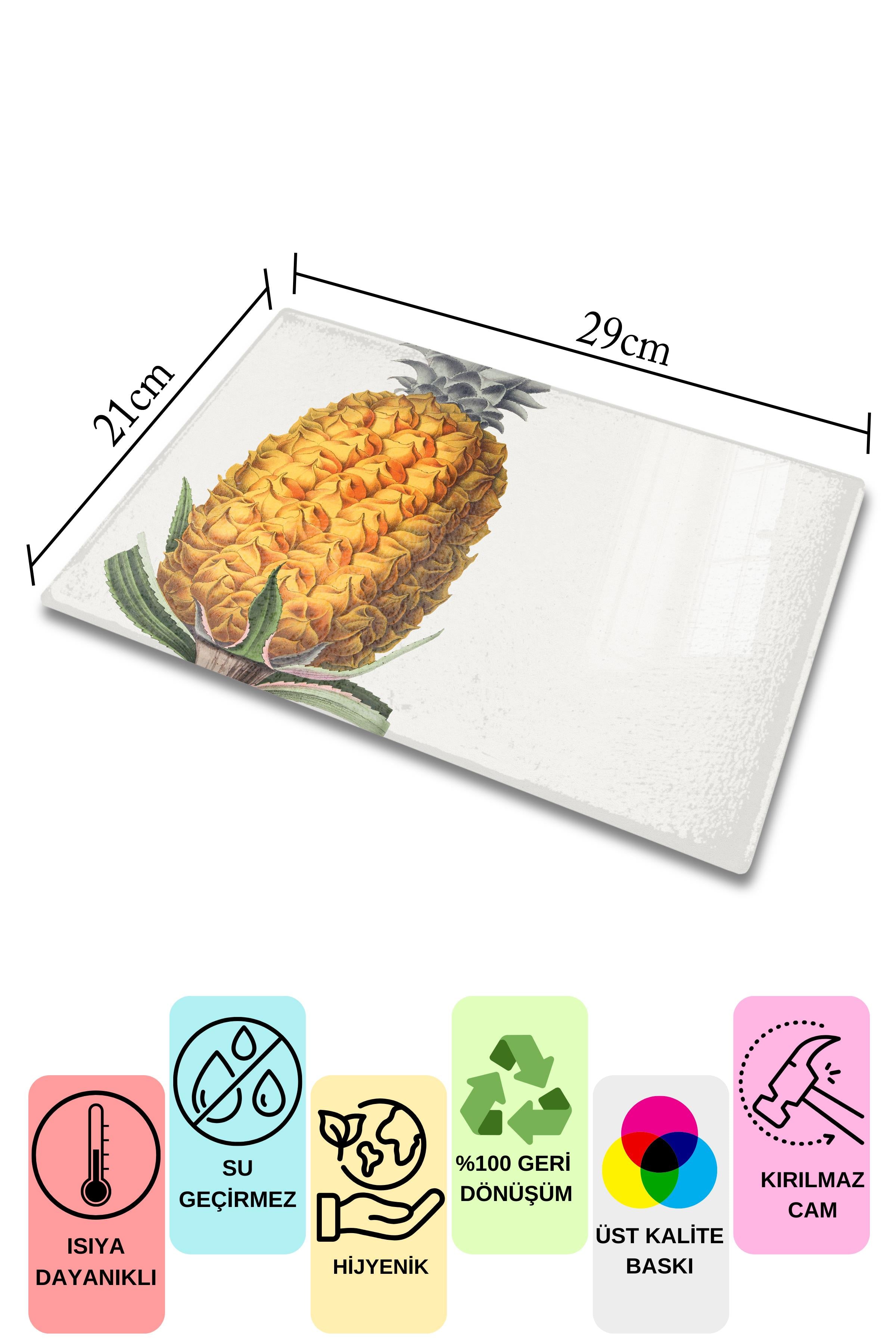 Cam Kesme Tahtası - Vintage Ananas - 21*30cm - Doğrama Tahtası - Estetik, Dekoratif Sunum Tahtası