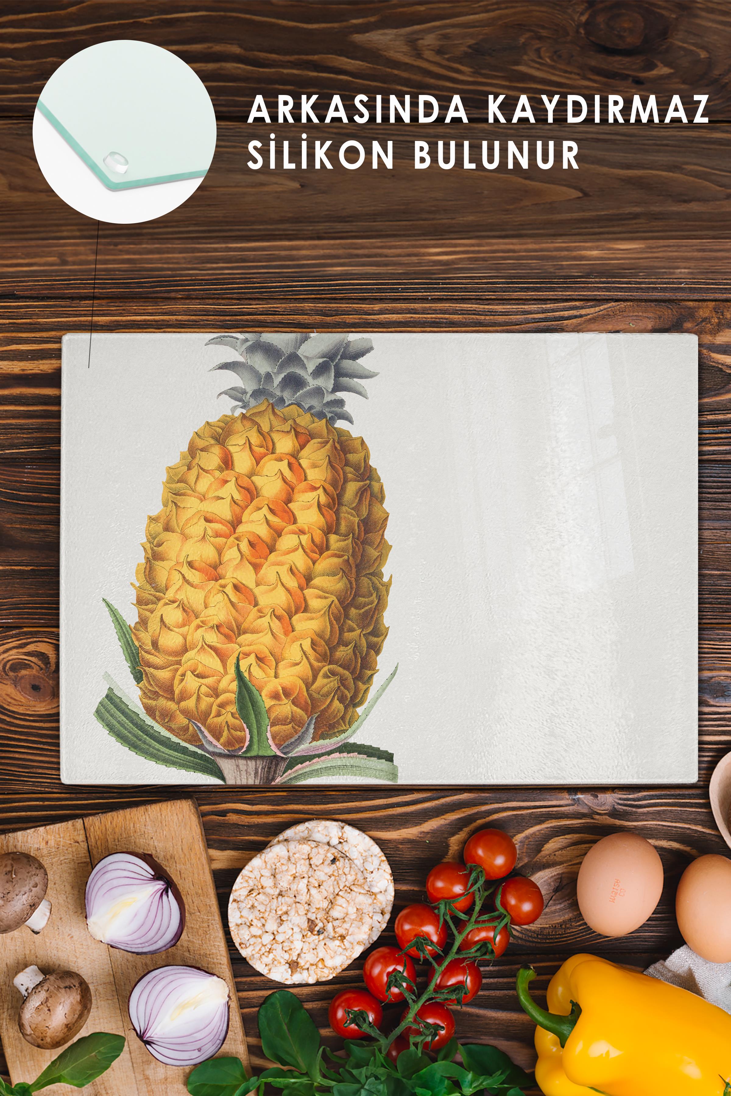 Cam Kesme Tahtası - Vintage Ananas - 21*30cm - Doğrama Tahtası - Estetik, Dekoratif Sunum Tahtası