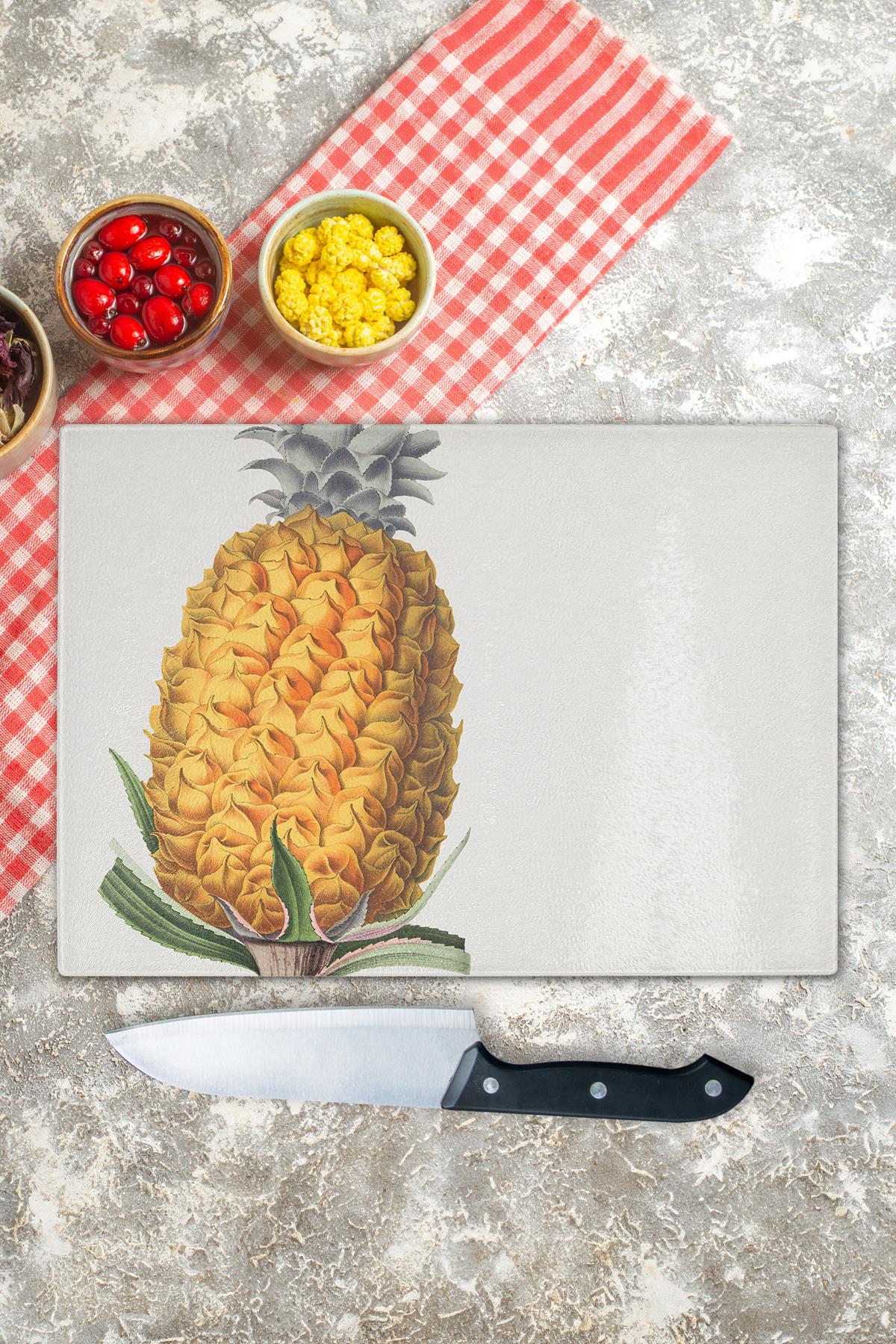 Cam Kesme Tahtası - Vintage Ananas - 21*30cm - Doğrama Tahtası - Estetik, Dekoratif Sunum Tahtası