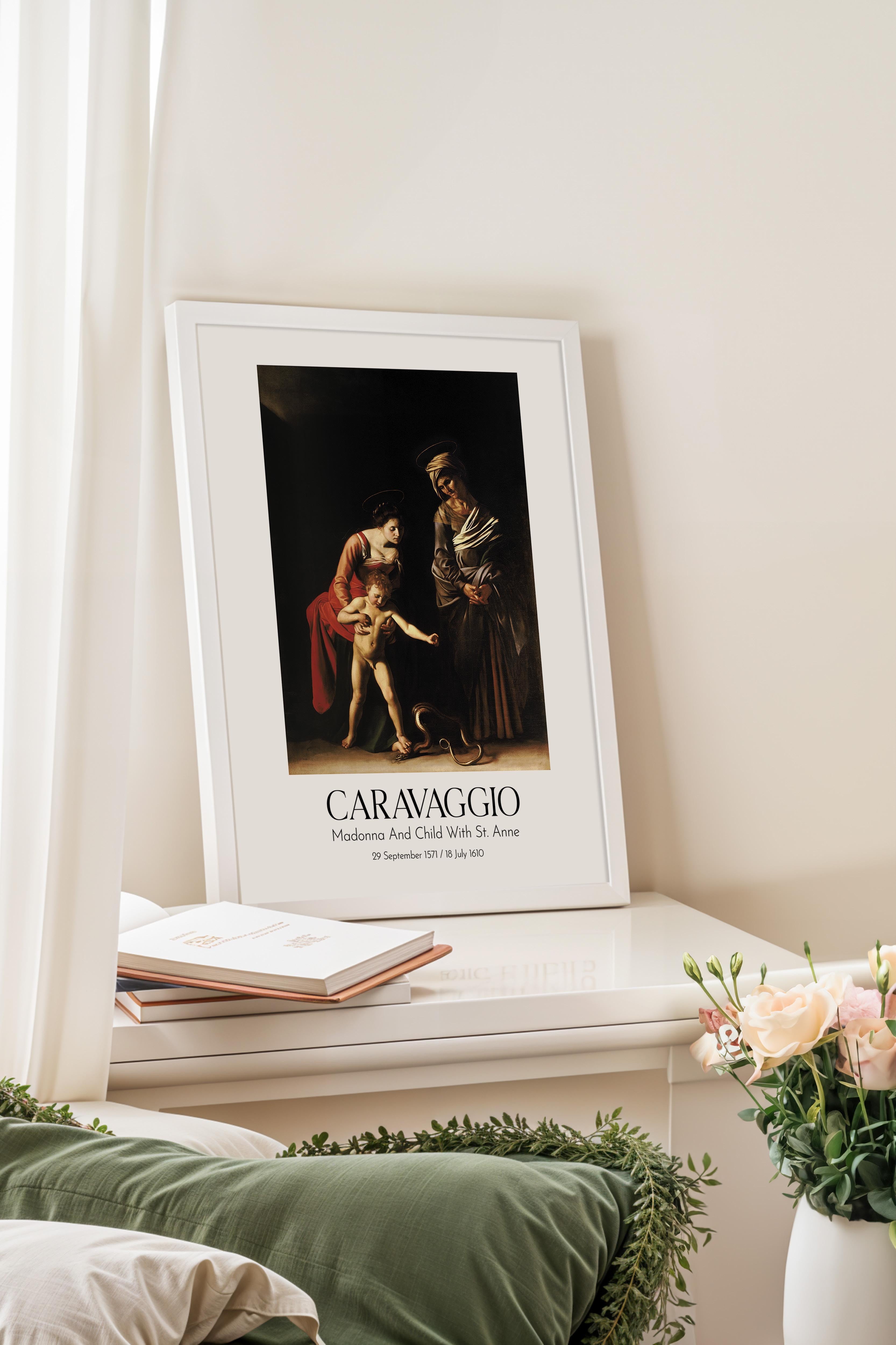 Caravaggio - Madonna And Child With St. Anne, Beyaz Çerçeveli Tablo, Sanat Serisi NO:111637