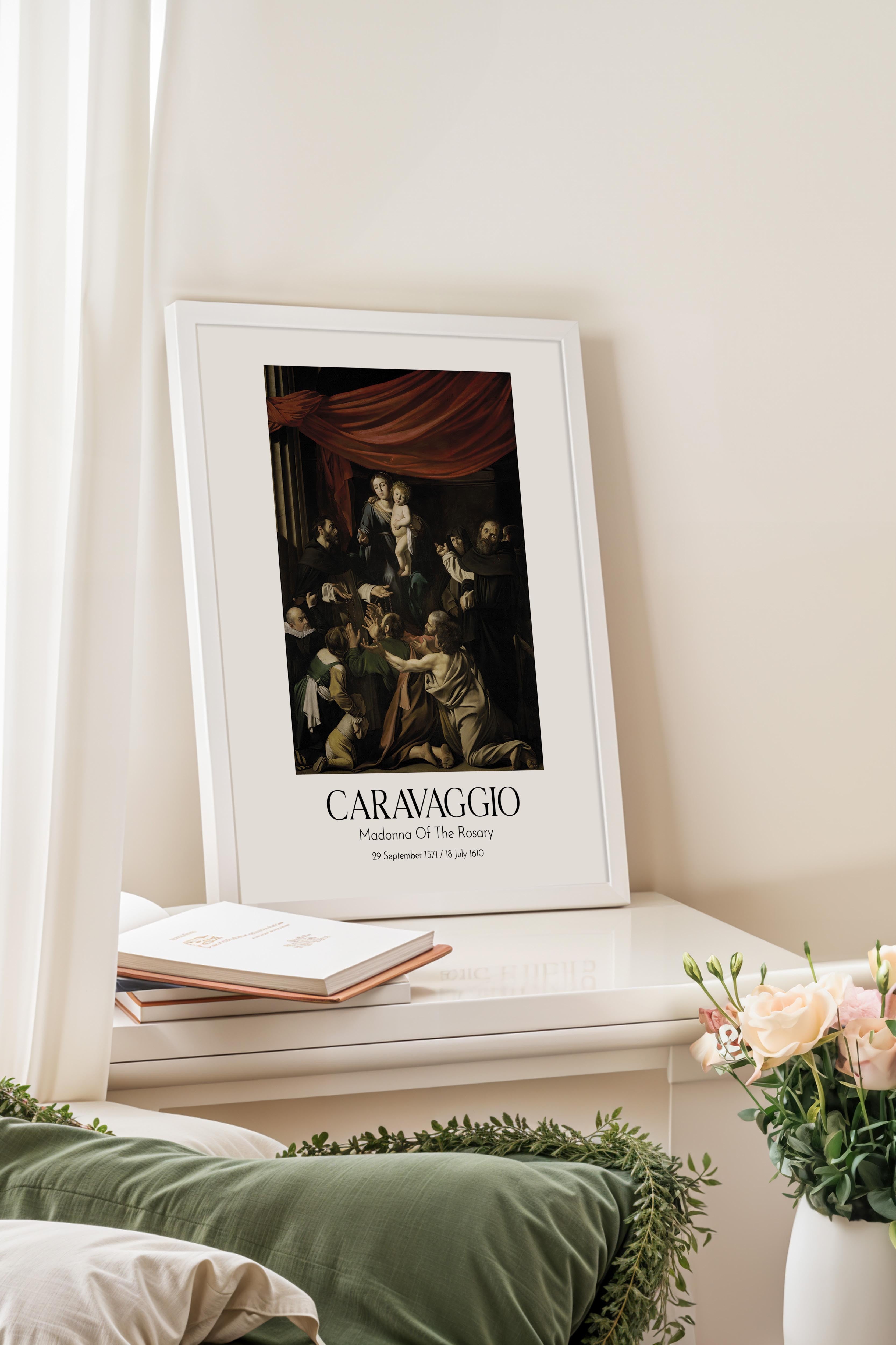 Caravaggio - Madonna Of The Rosary, Beyaz Çerçeveli Tablo, Sanat Serisi NO:111638