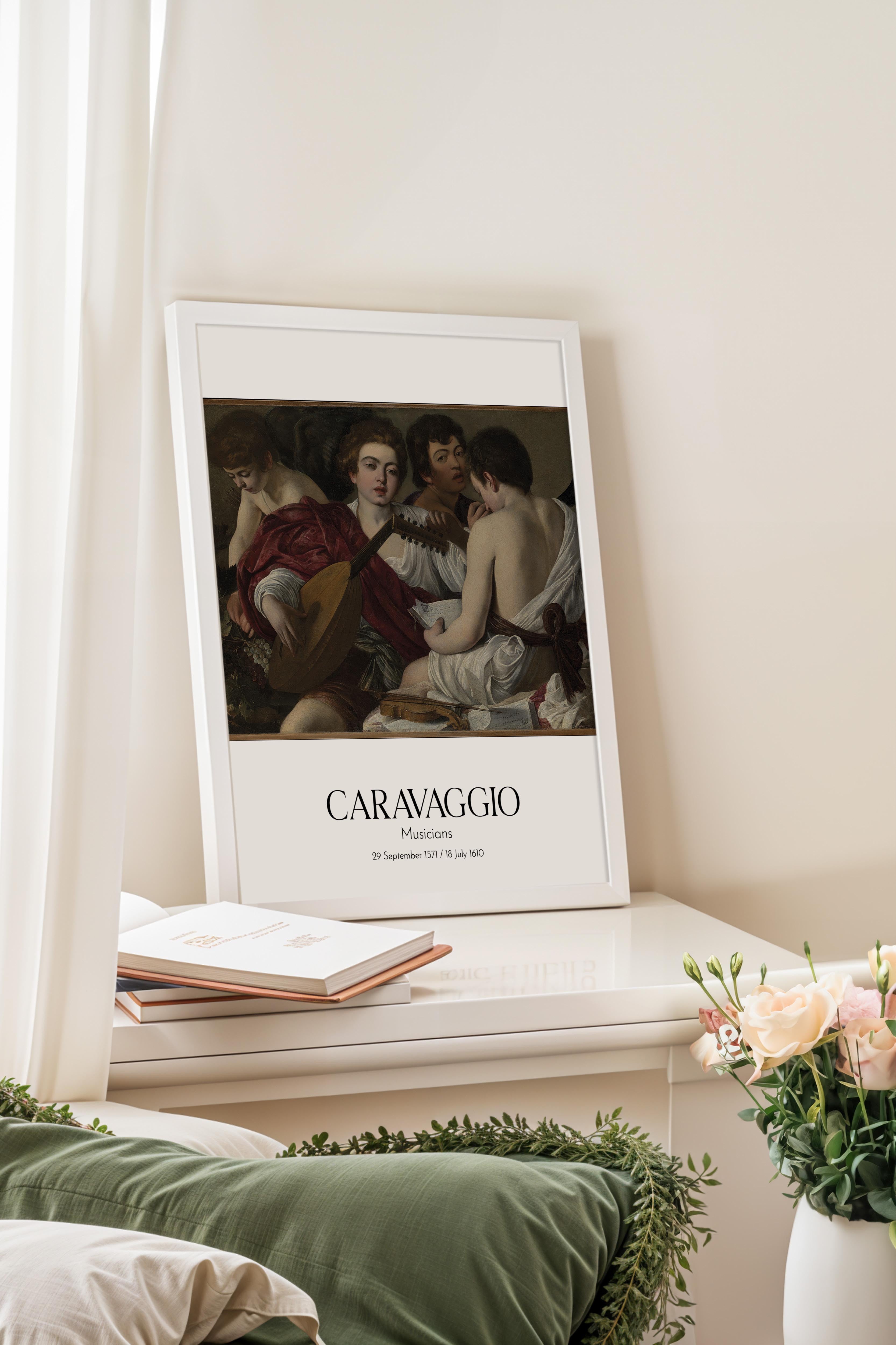 Caravaggio - Musicians, Beyaz Çerçeveli Tablo, Sanat Serisi NO:111643