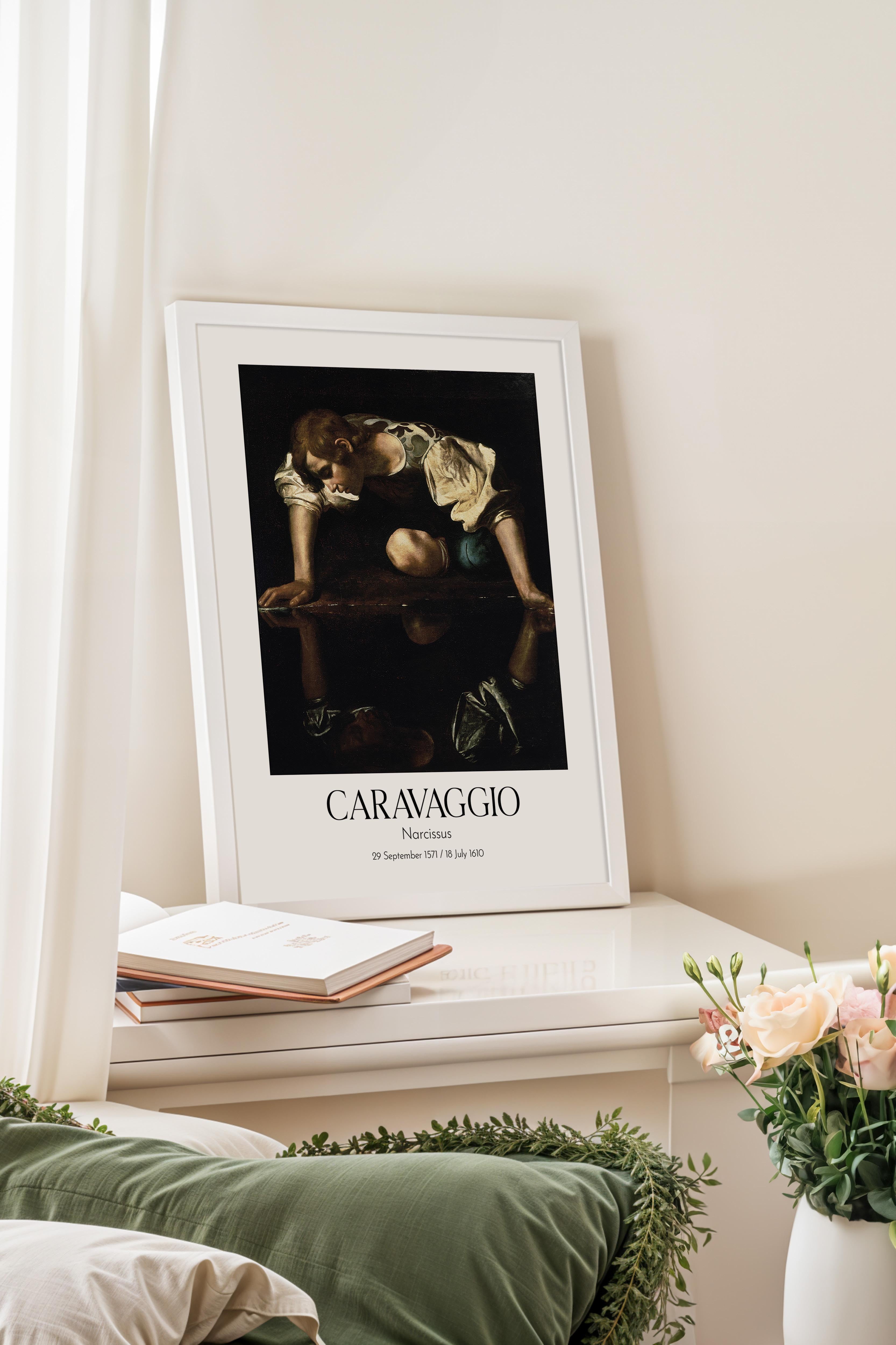 Caravaggio - Narcissus, Beyaz Çerçeveli Tablo, Sanat Serisi NO:111644