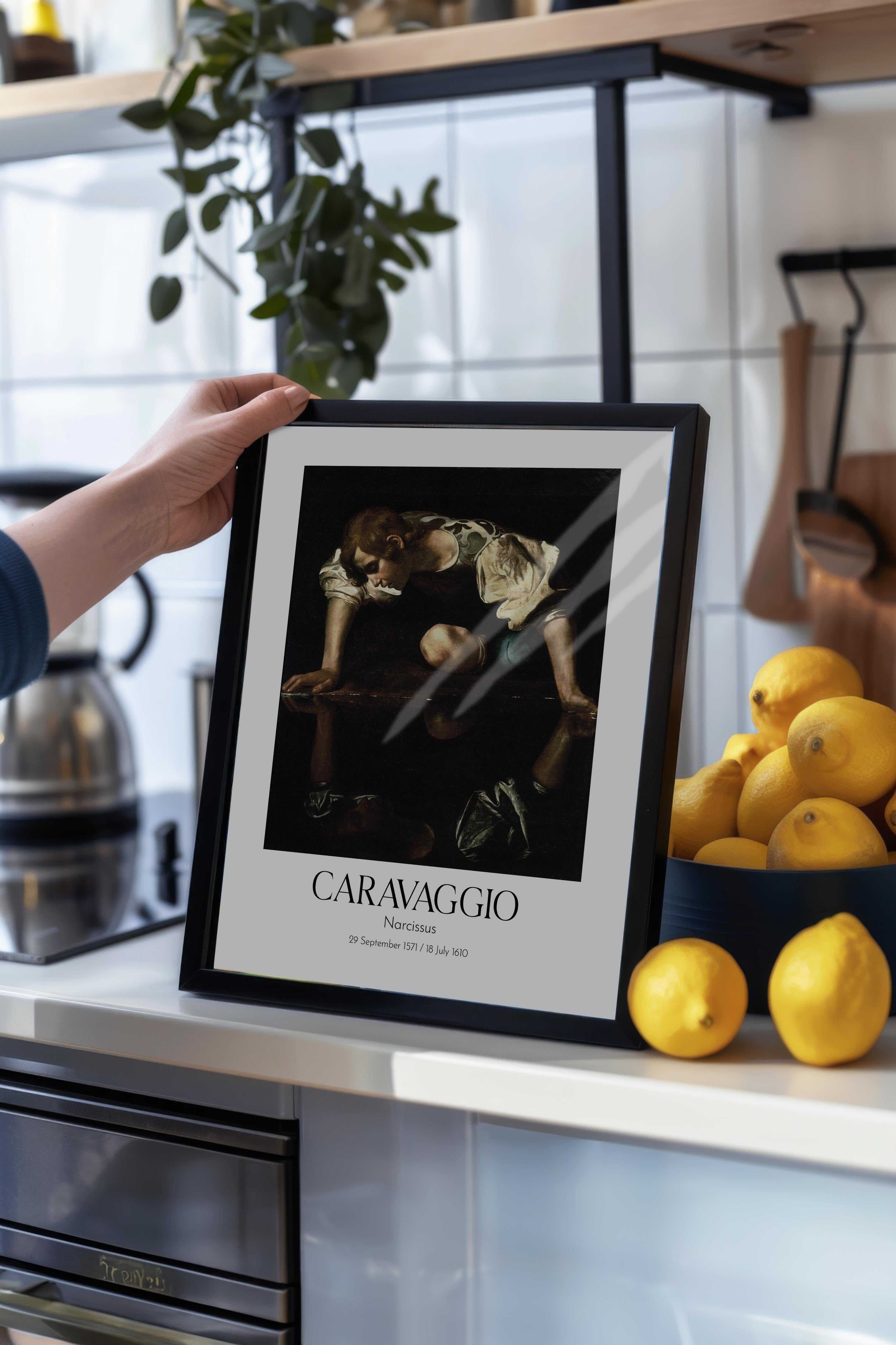 Caravaggio - Narcissus, Siyah Çerçeveli Tablo, Sanat Serisi NO:111644