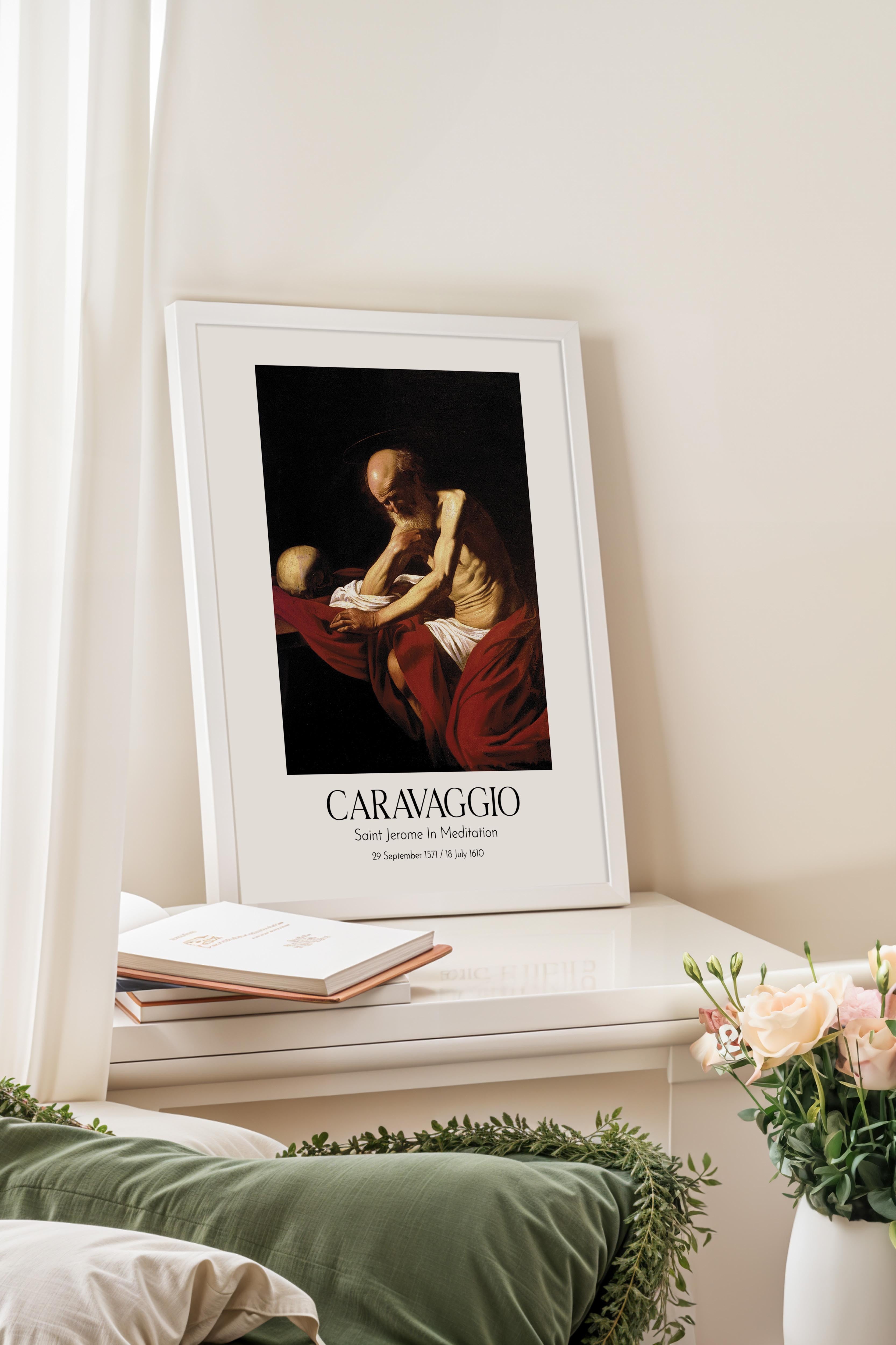 Caravaggio - Saint Jerome In Meditation, Beyaz Çerçeveli Tablo, Sanat Serisi NO:111647