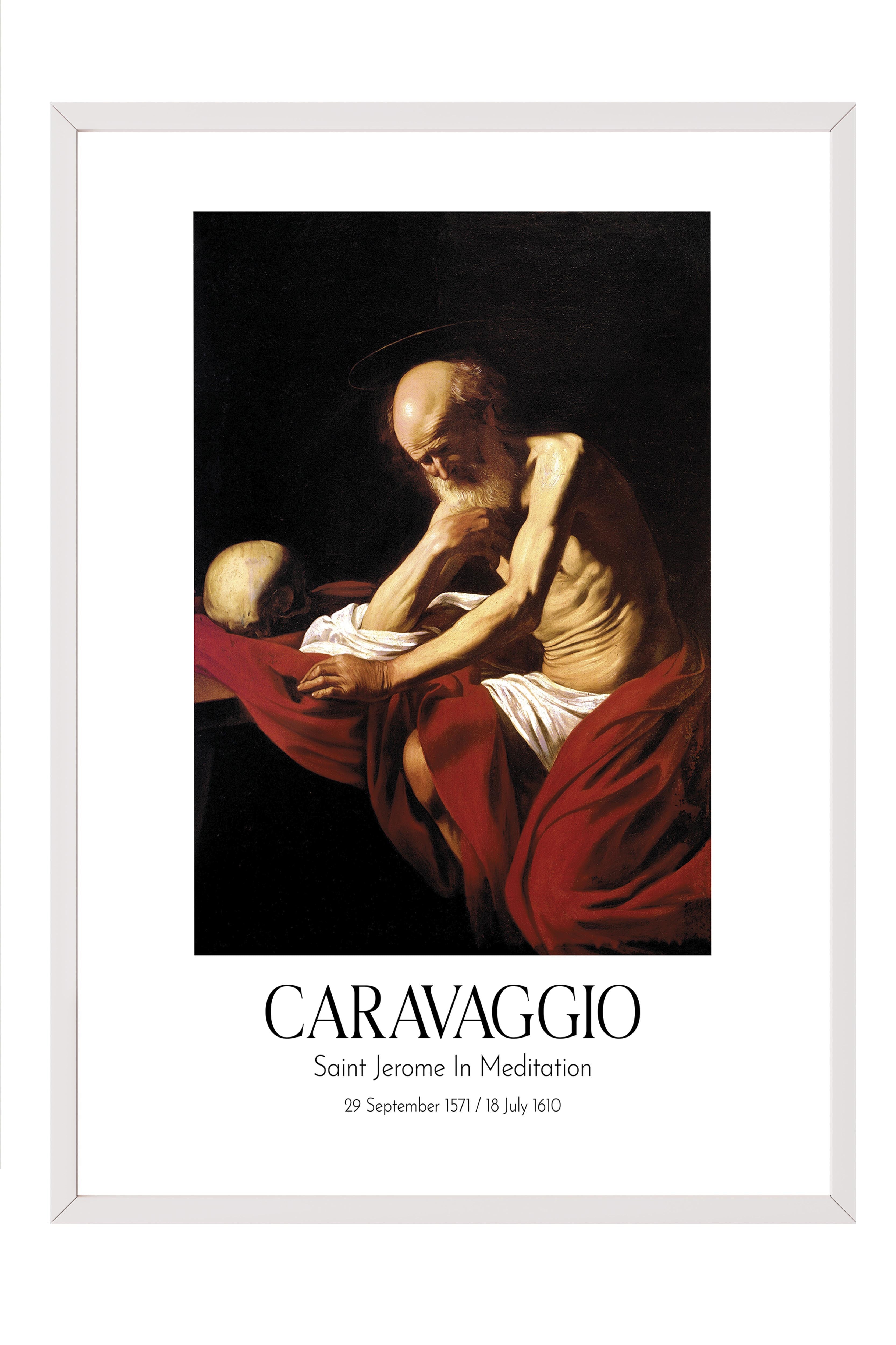 Caravaggio - Saint Jerome In Meditation, Beyaz Çerçeveli Tablo, Sanat Serisi NO:111647