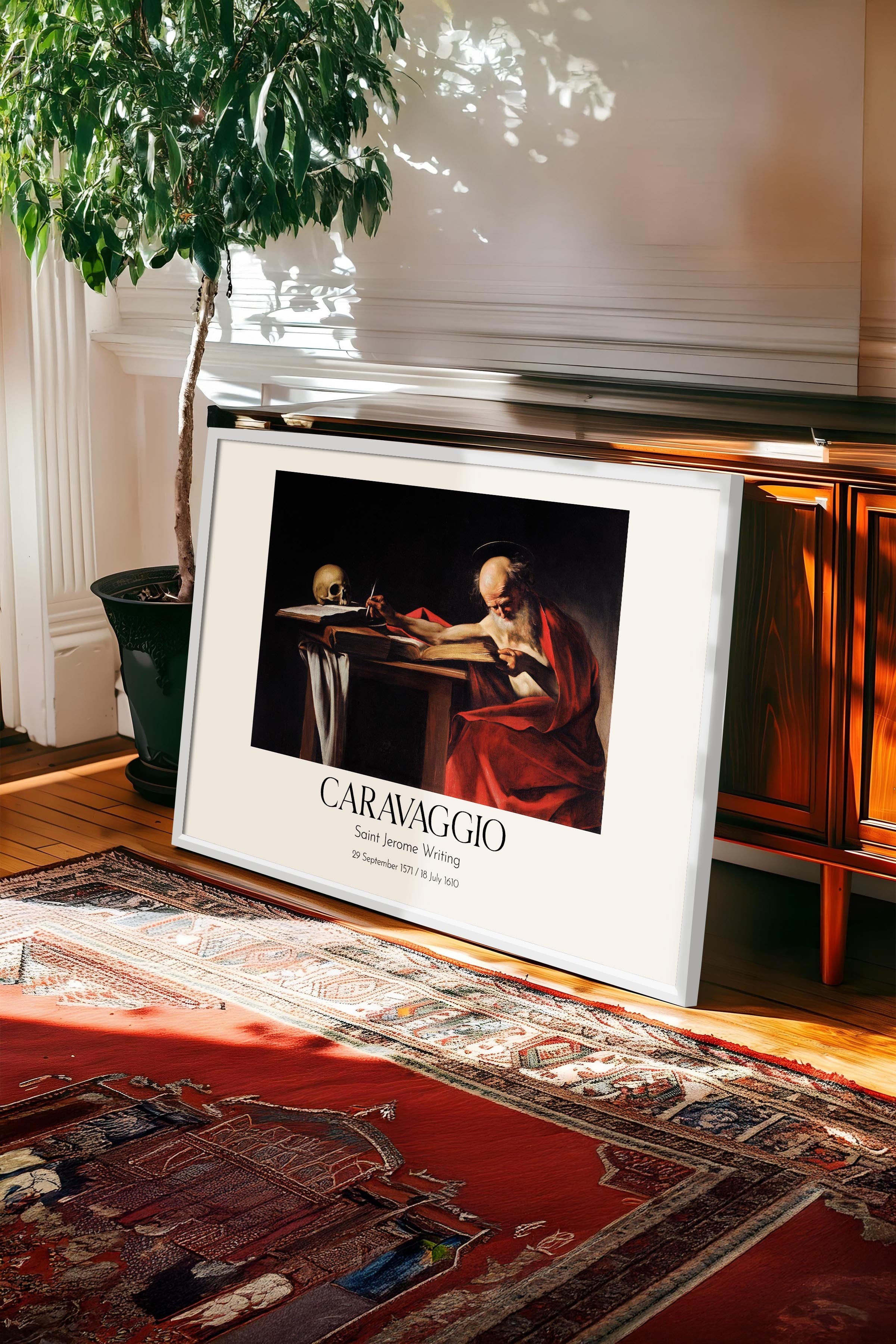 Caravaggio - Saint Jerome Writing, Beyaz Çerçeveli Tablo, Sanat Serisi NO:111658