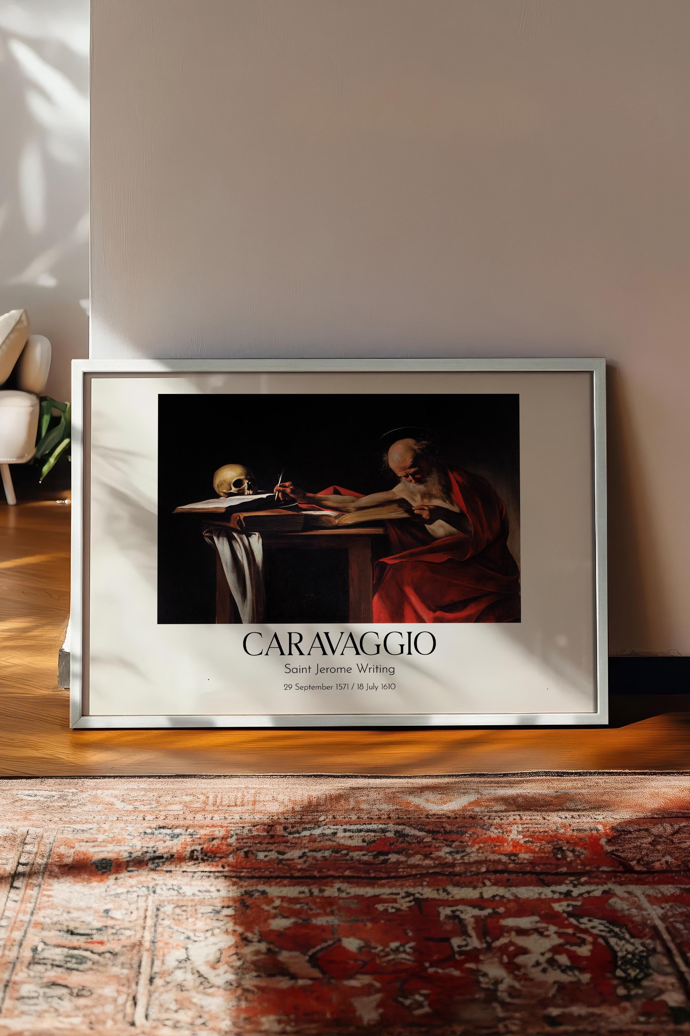 Caravaggio - Saint Jerome Writing, Beyaz Çerçeveli Tablo, Sanat Serisi NO:111658
