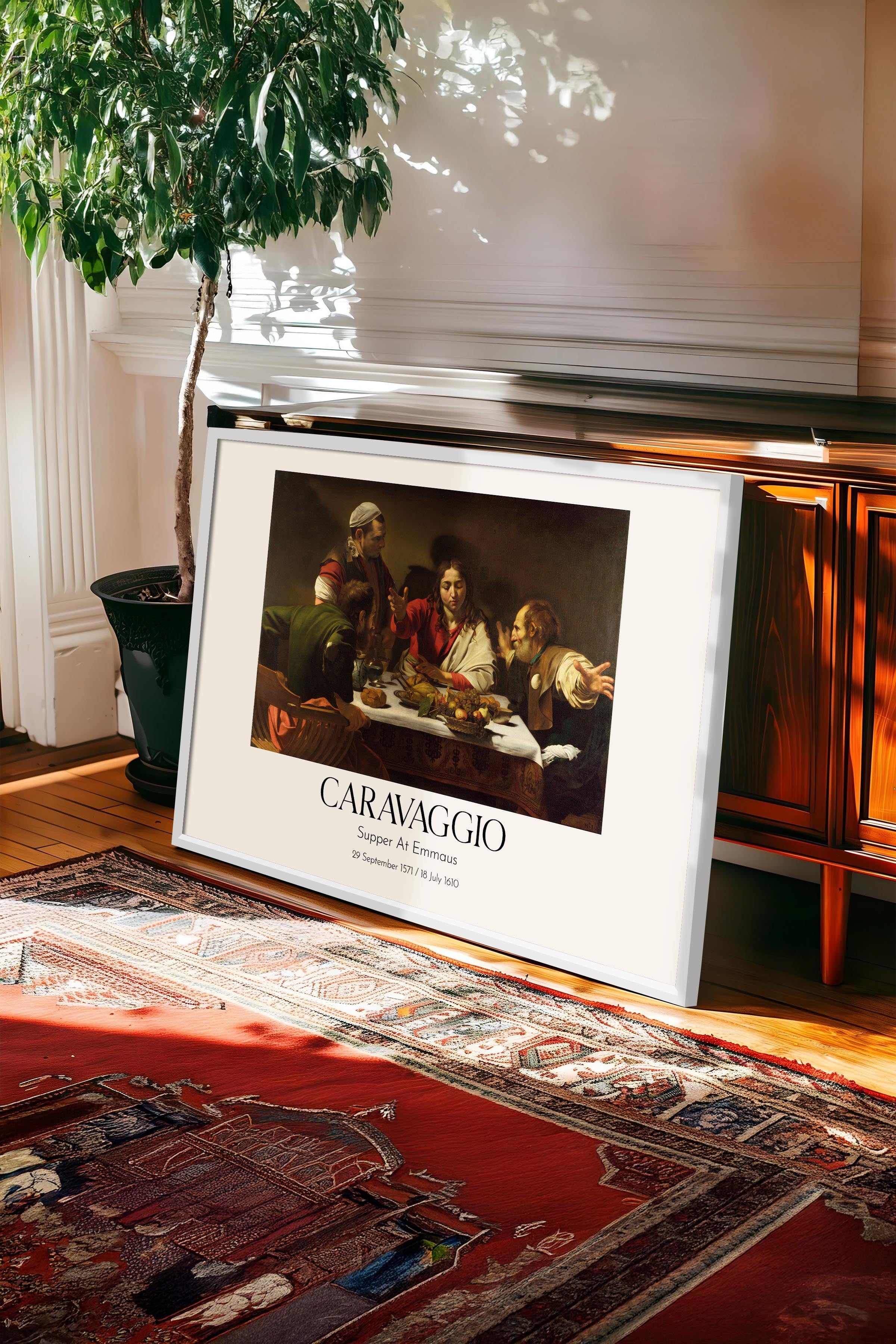 Caravaggio - Supper At Emmaus, Beyaz Çerçeveli Tablo, Sanat Serisi NO:111659