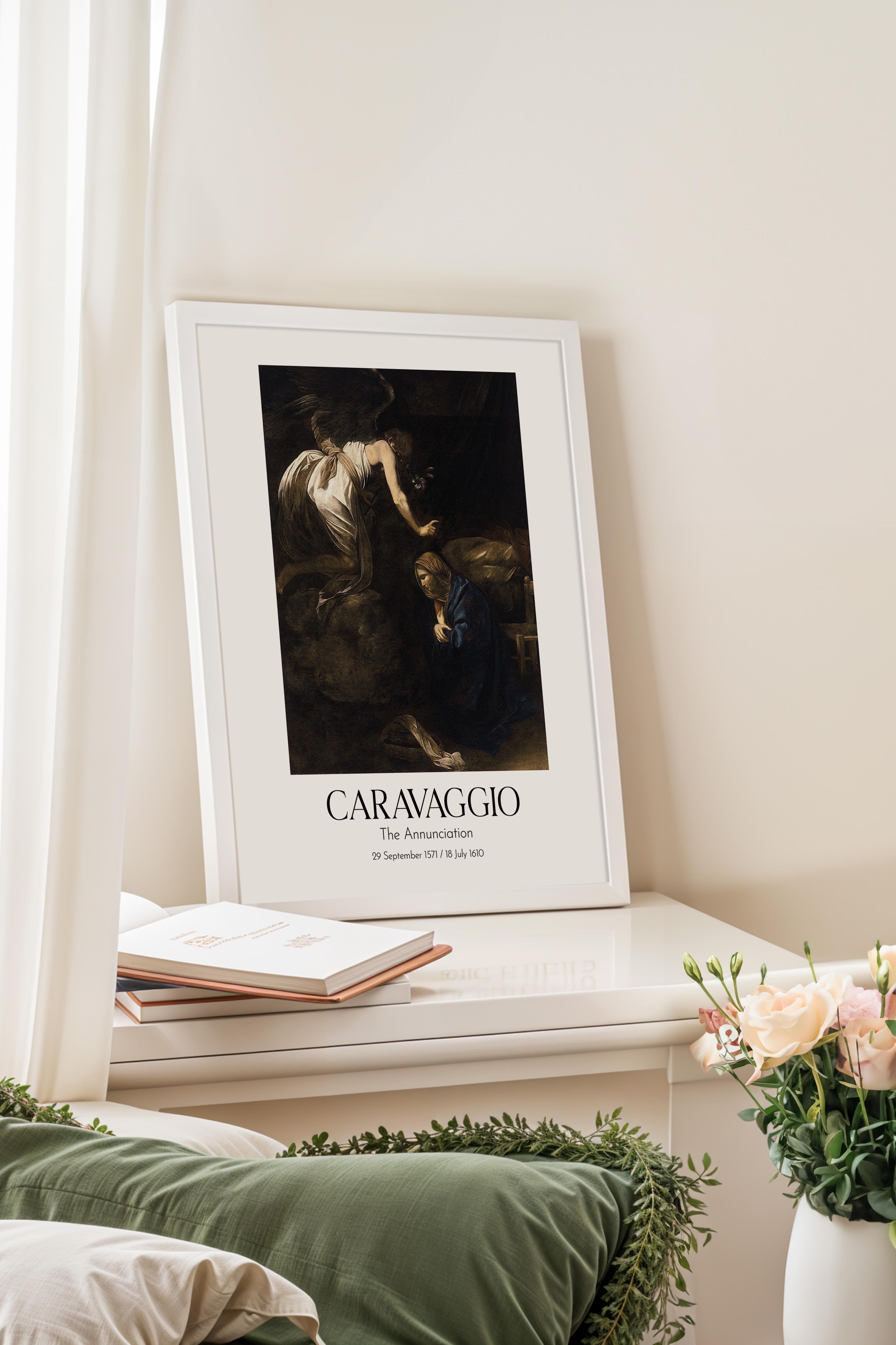 Caravaggio - The Annunciation, Beyaz Çerçeveli Tablo, Sanat Serisi NO:111651