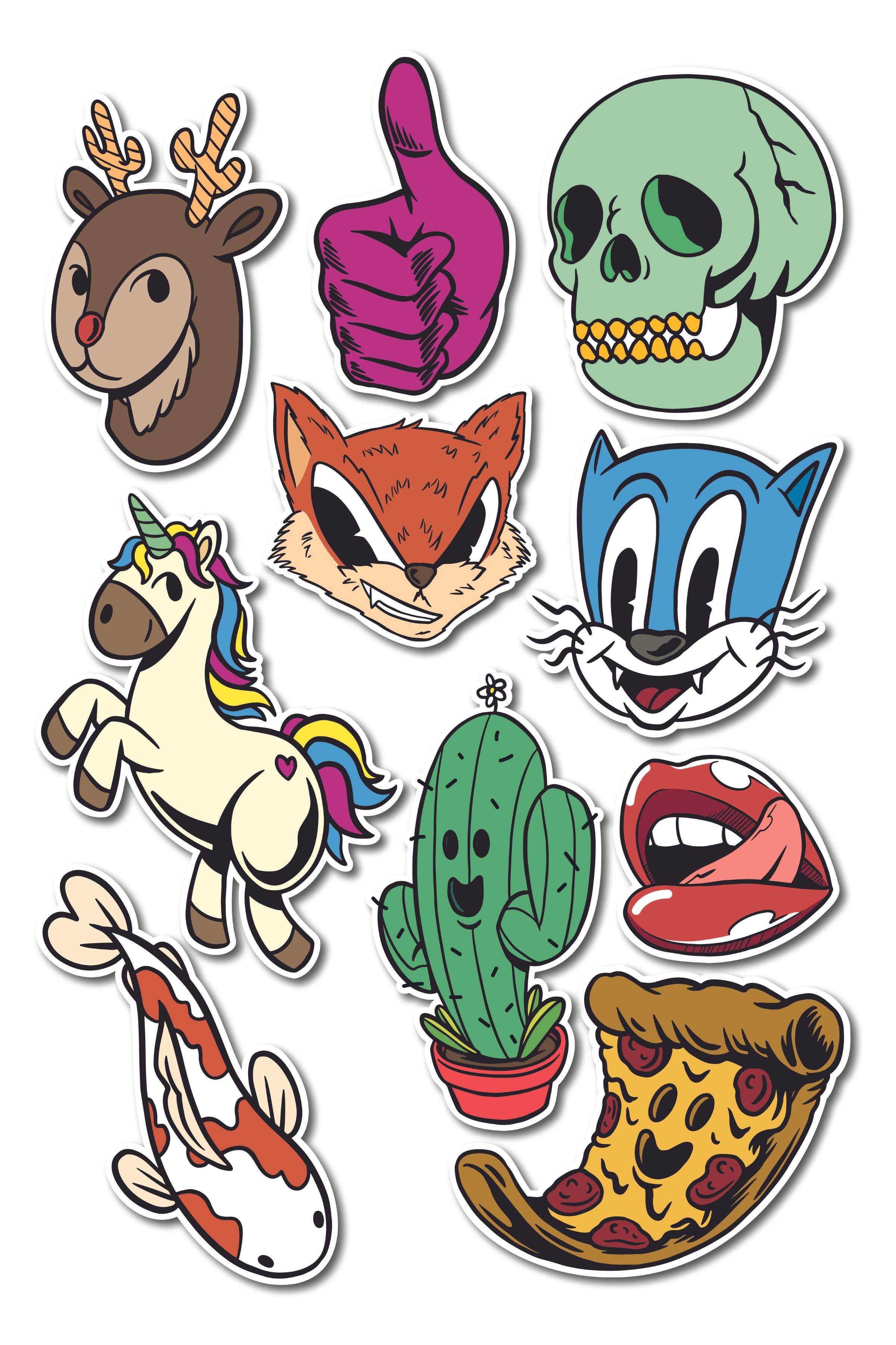 Cartoon Temalı Sticker ve Etiket Seti - Orta Boy - Su Geçirmez, Kalın Yapışkanlı Sticker Seti