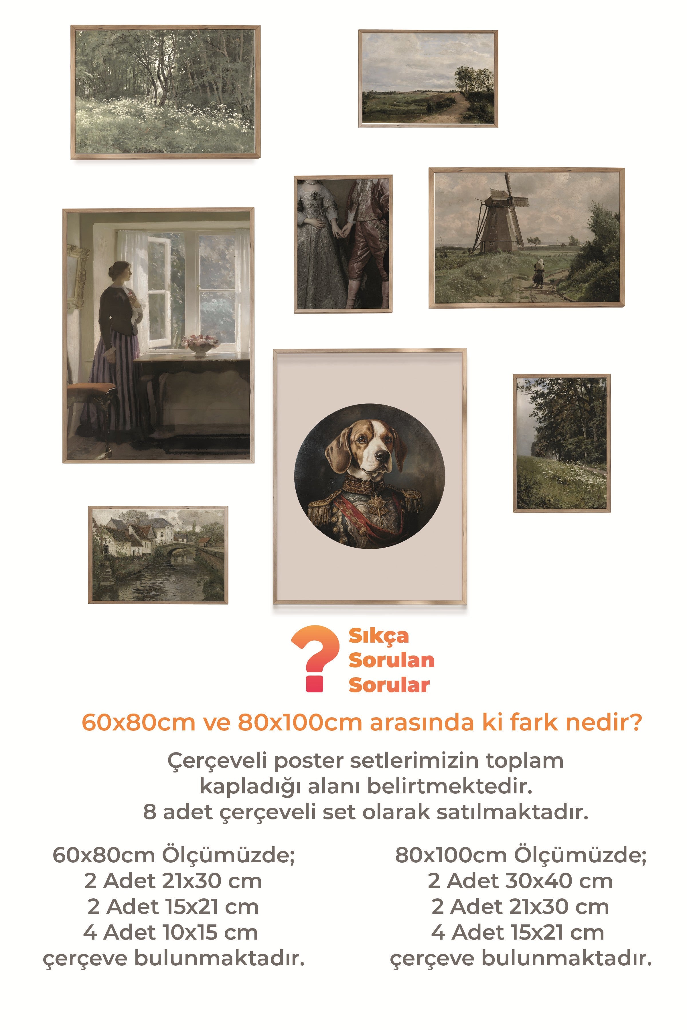 Çerçeveli Poster Seti, 8 Adet Ahşap Çerçeve ve Poster Kahverengi Vintage Temalı Galeri Seti NO:065