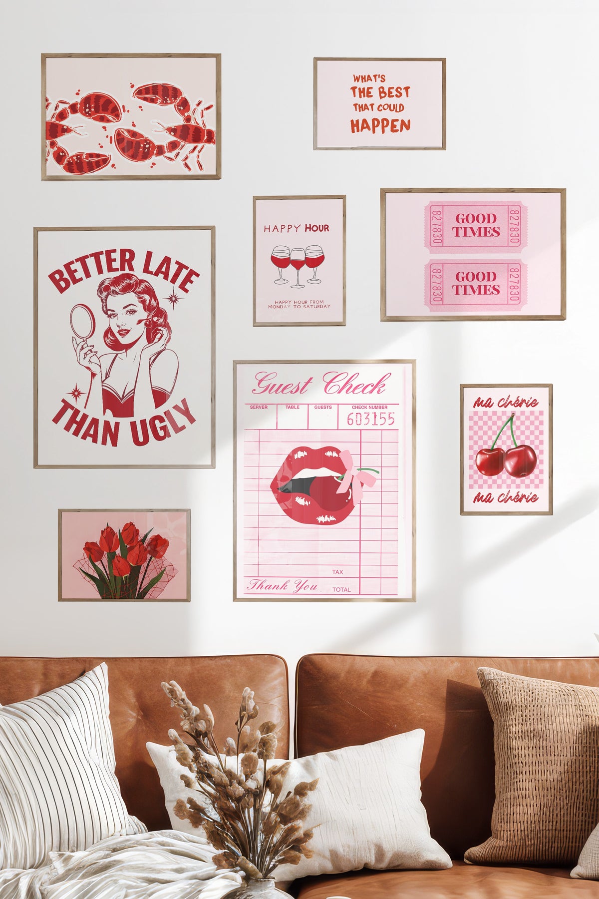 Çerçeveli Poster Seti, 8 Adet Ahşap Çerçeve ve Poster Pembe Maximalist Temalı Galeri Seti NO:054