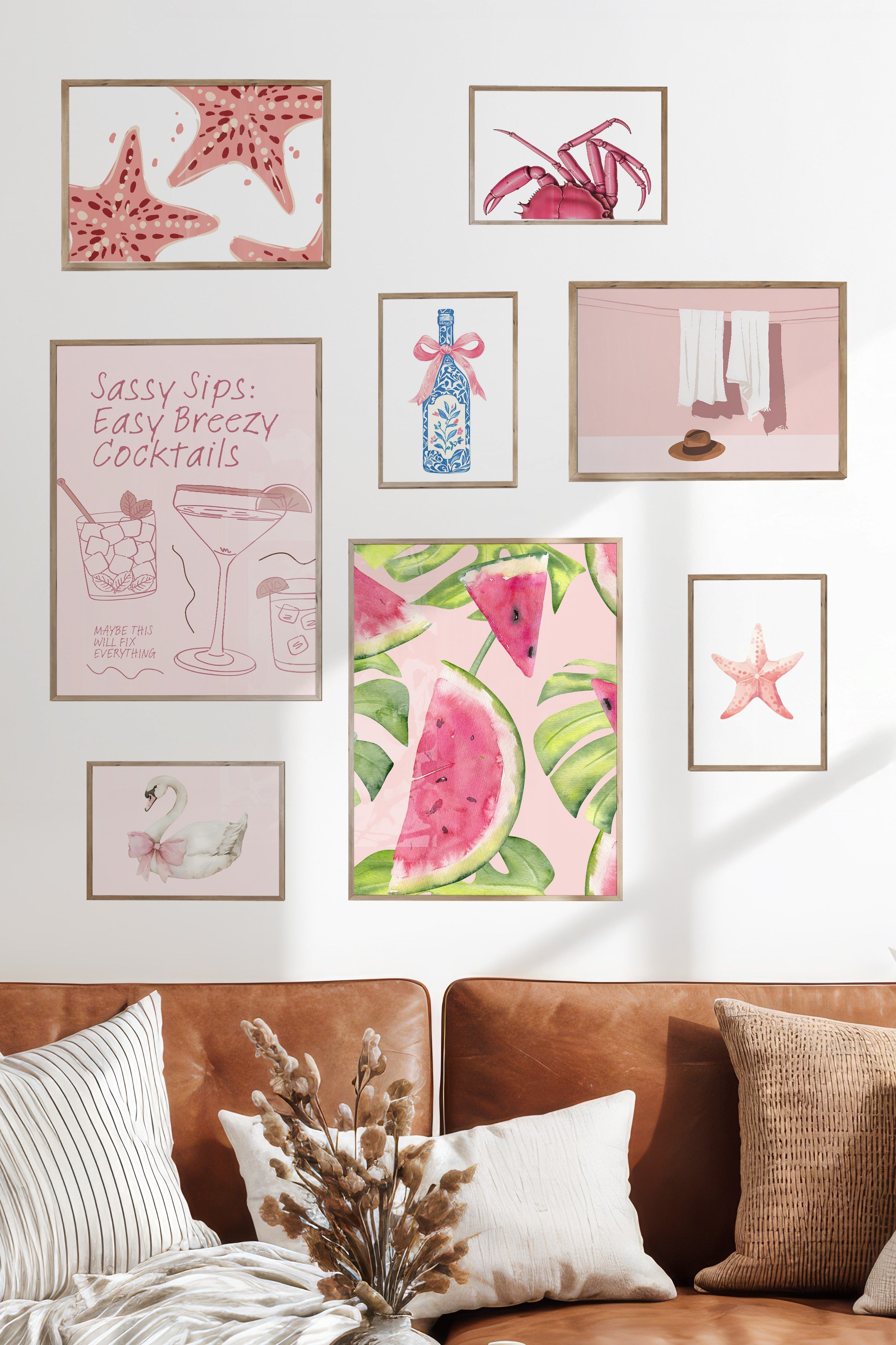 Çerçeveli Poster Seti, 8 Adet Ahşap Çerçeve ve Poster Pembe Yaz Temalı Galeri Seti NO:056