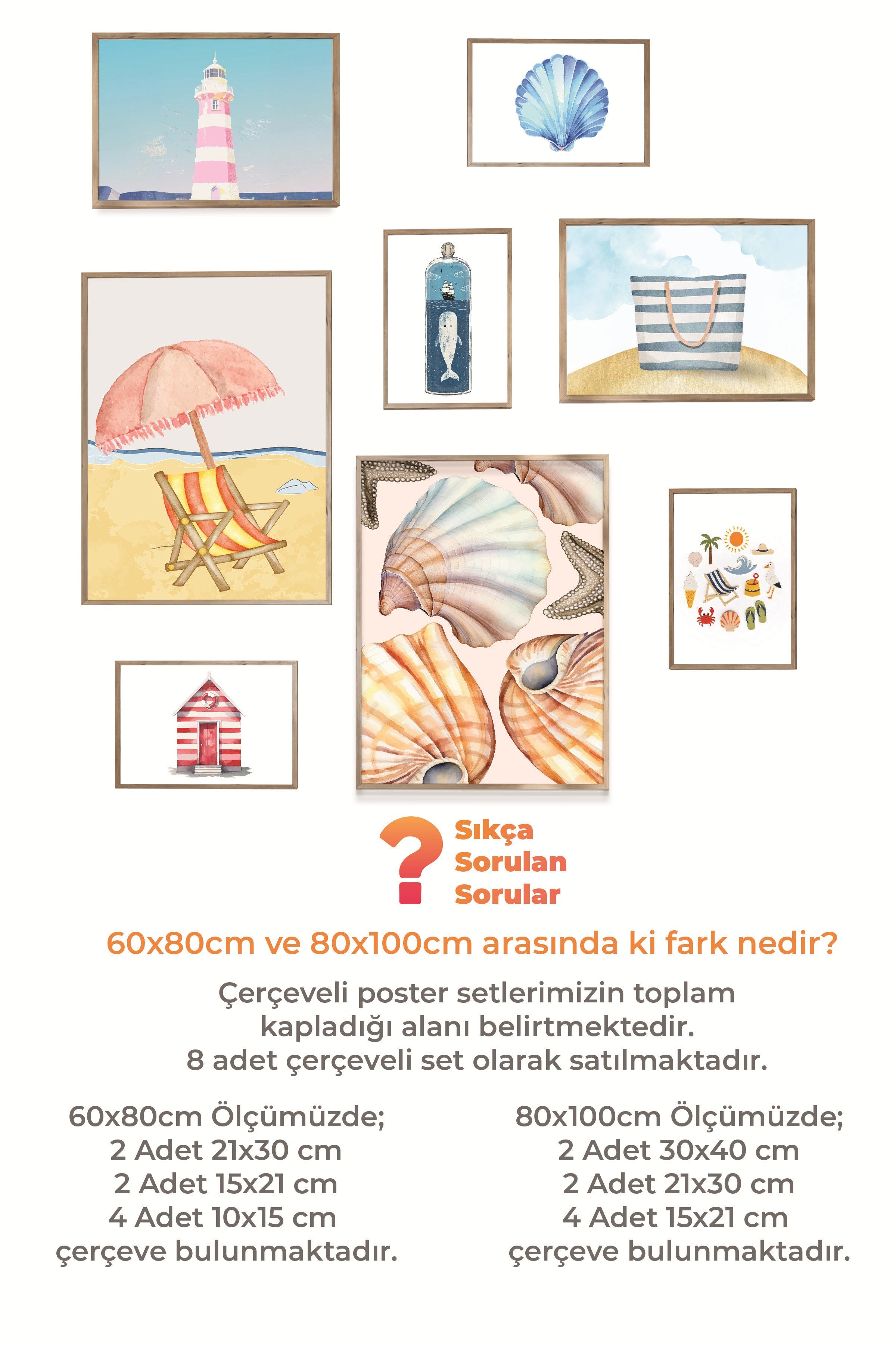 Çerçeveli Poster Seti, 8 Adet Ahşap Çerçeve ve Poster Renkli Yaz Temalı Galeri Seti NO:069
