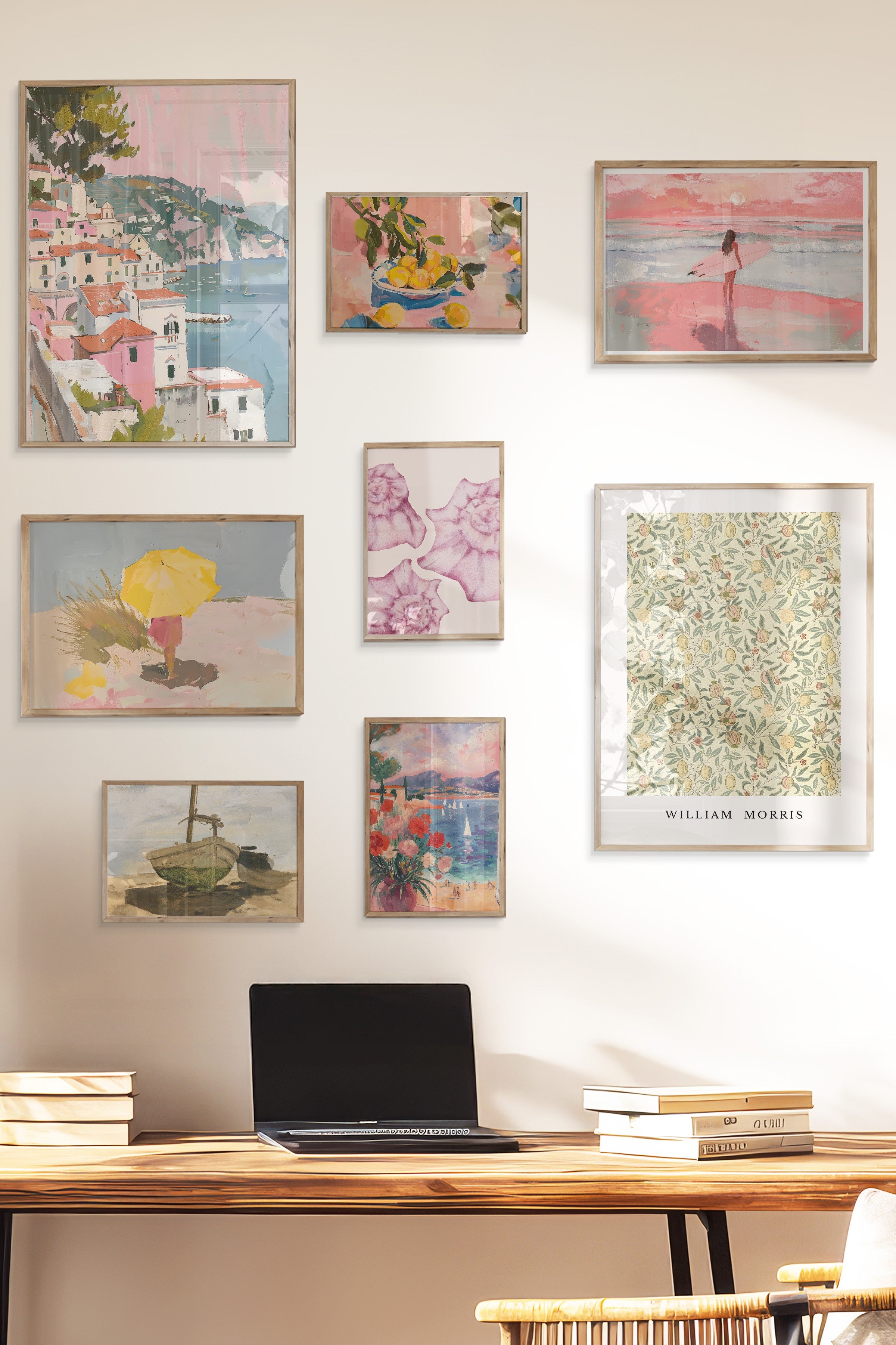 Çerçeveli Poster Seti, 8 Adet Ahşap Çerçeve ve Poster Vintage Yaz Temalı Galeri Seti NO:060