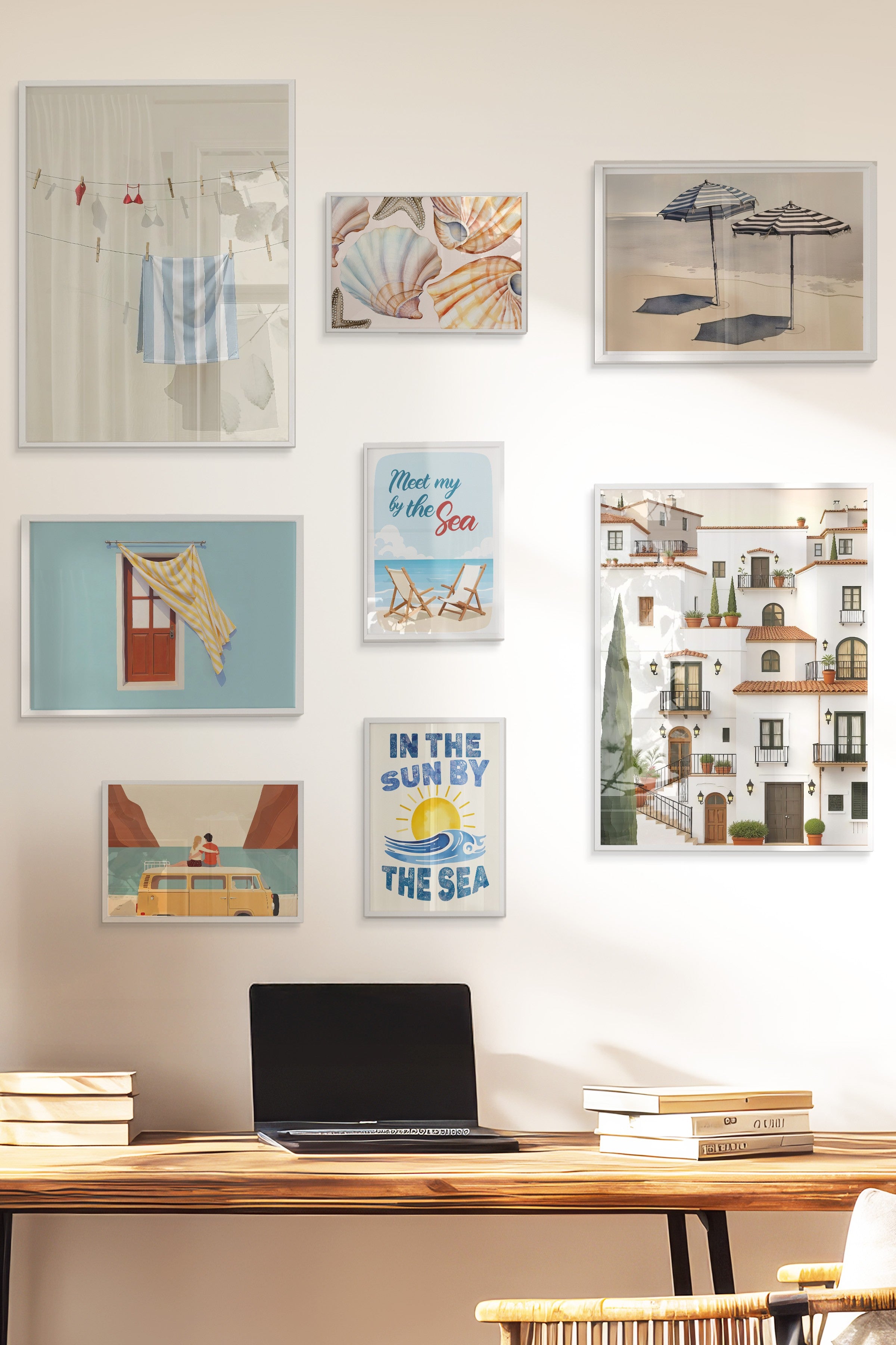 Çerçeveli Poster Seti, 8 Adet Beyaz Çerçeve ve Poster Kahverengi Yaz Temalı Galeri Seti NO:068