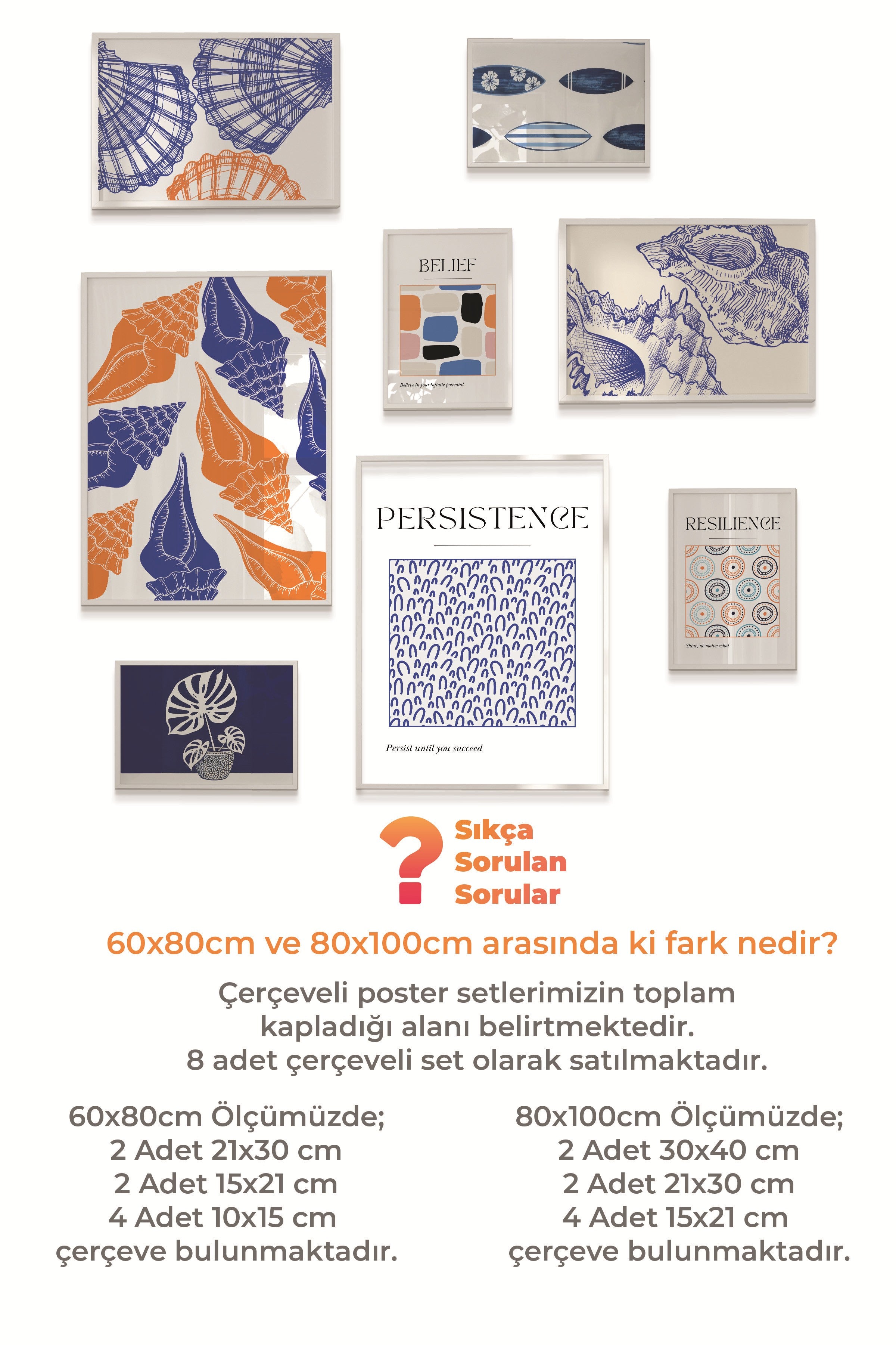 Çerçeveli Poster Seti, 8 Adet Beyaz Çerçeve ve Poster Mavi Yaz Temalı Galeri Seti NO:070