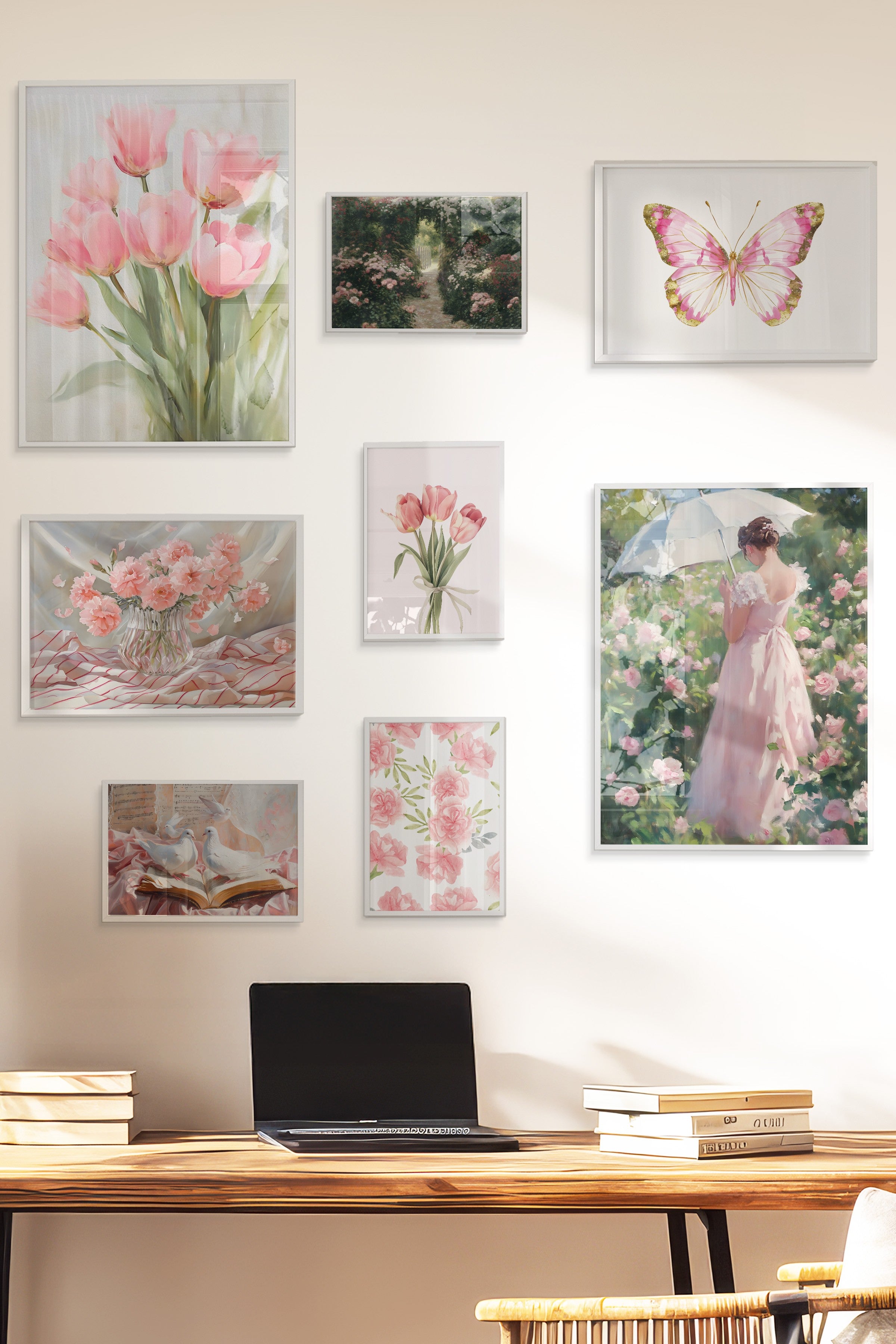 Çerçeveli Poster Seti, 8 Adet Beyaz Çerçeve ve Poster Pembe Çiçekler Temalı Galeri Seti NO:072