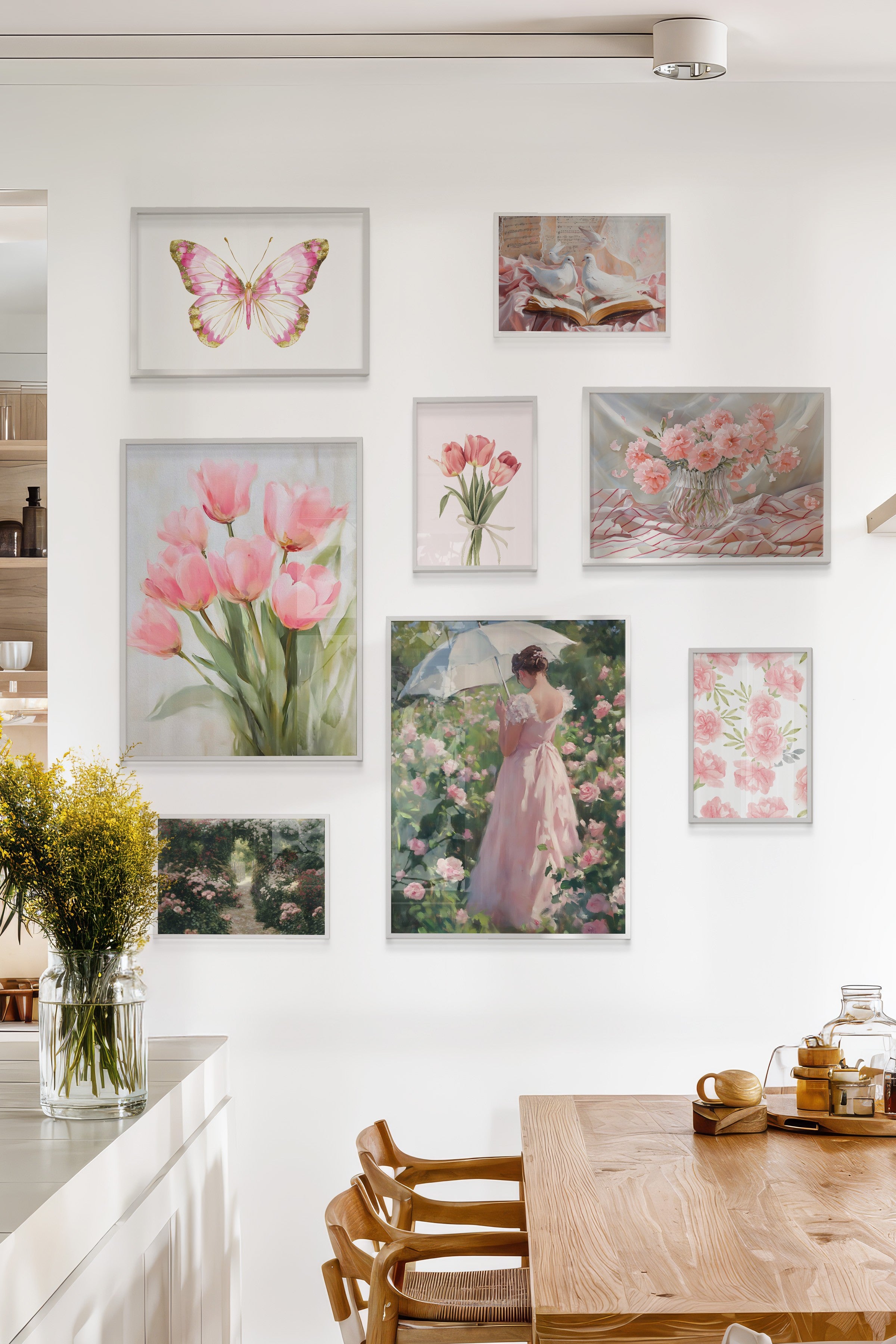 Çerçeveli Poster Seti, 8 Adet Beyaz Çerçeve ve Poster Pembe Çiçekler Temalı Galeri Seti NO:072