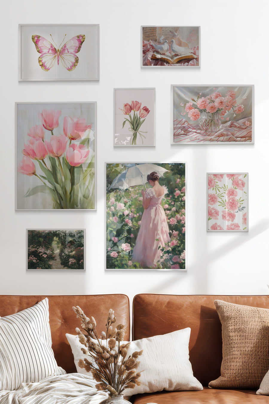 Çerçeveli Poster Seti, 8 Adet Beyaz Çerçeve ve Poster Pembe Çiçekler Temalı Galeri Seti NO:072