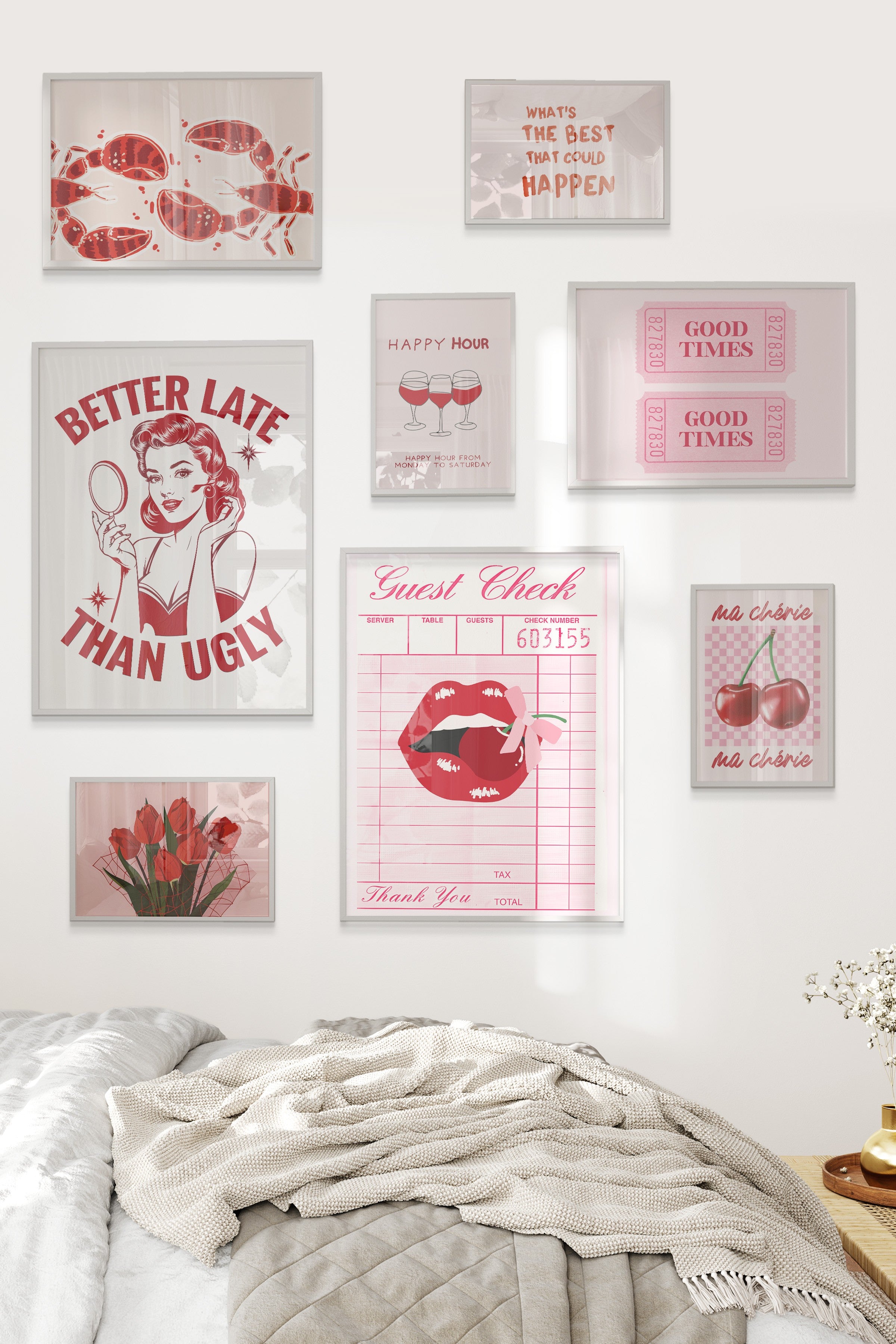 Çerçeveli Poster Seti, 8 Adet Beyaz Çerçeve ve Poster Pembe Maximalist Temalı Galeri Seti NO:054
