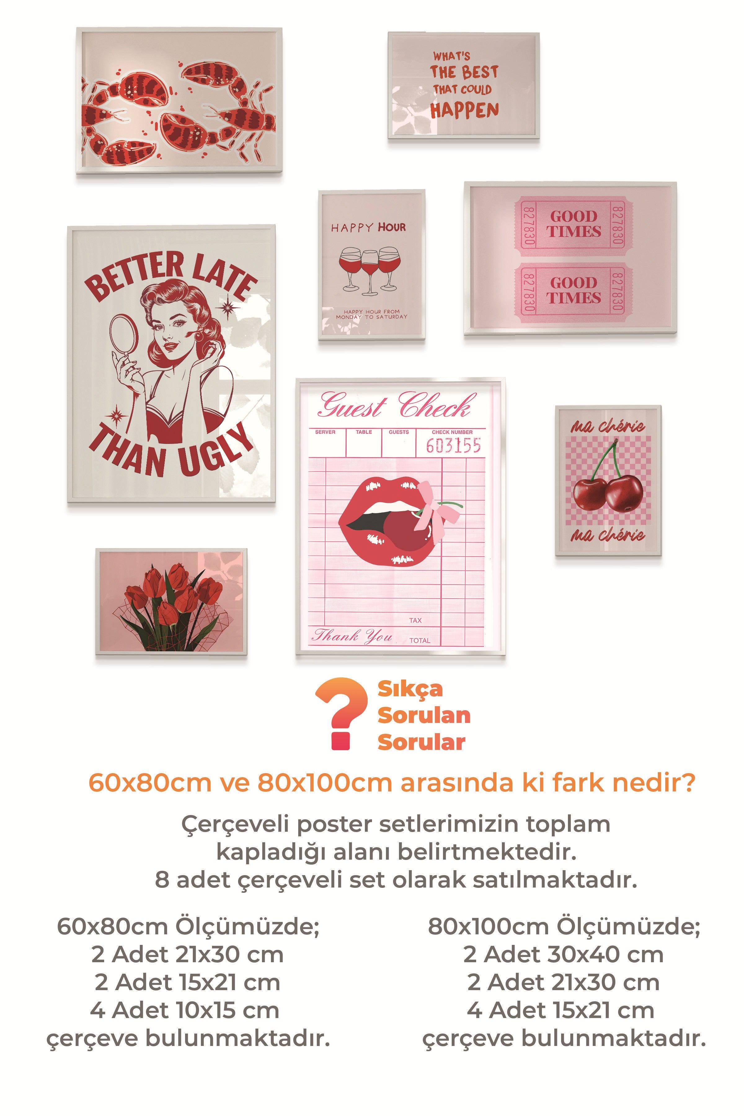 Çerçeveli Poster Seti, 8 Adet Beyaz Çerçeve ve Poster Pembe Maximalist Temalı Galeri Seti NO:054