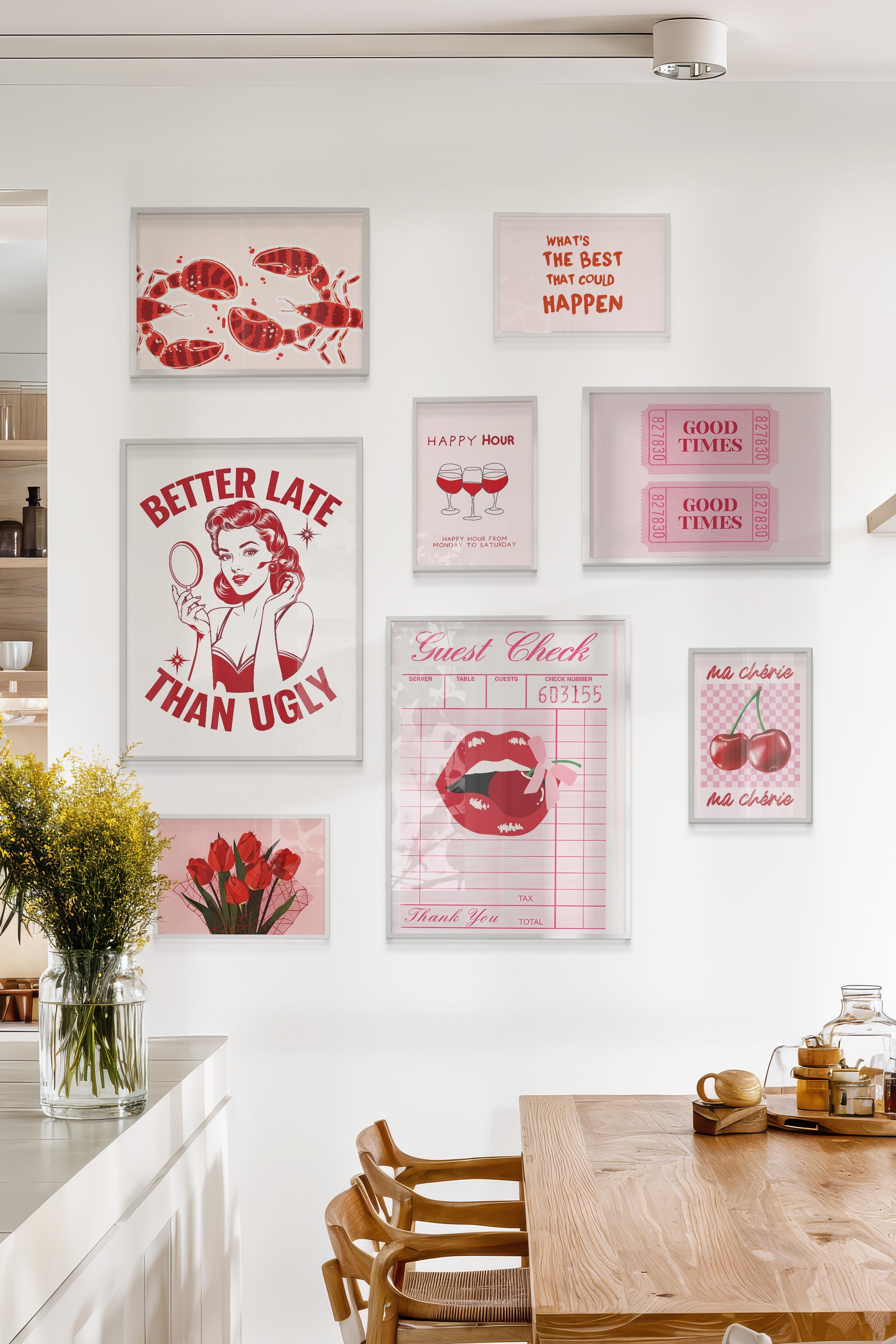 Çerçeveli Poster Seti, 8 Adet Beyaz Çerçeve ve Poster Pembe Maximalist Temalı Galeri Seti NO:054