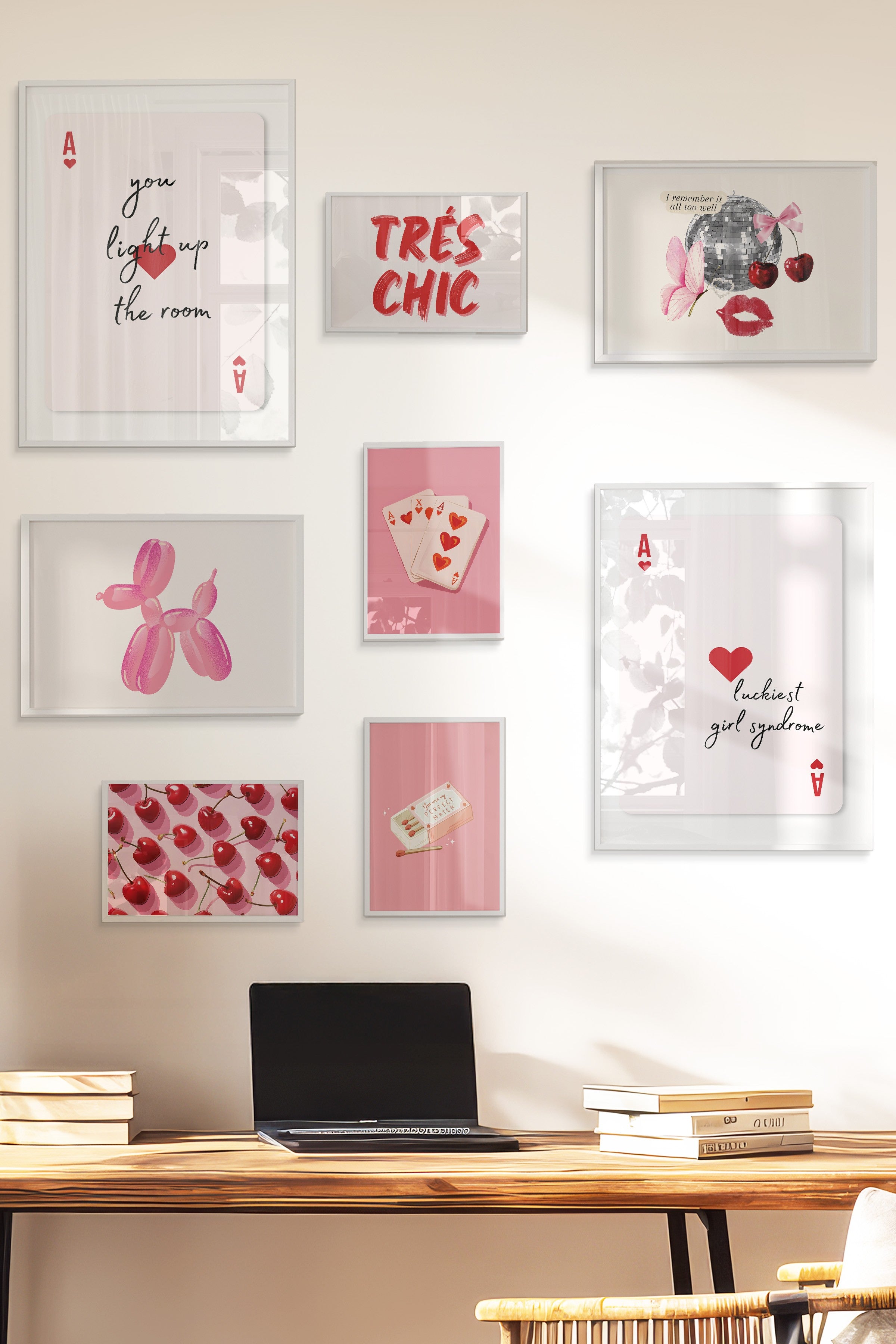 Çerçeveli Poster Seti, 8 Adet Beyaz Çerçeve ve Poster Pembe Maximalist Temalı Galeri Seti NO:063