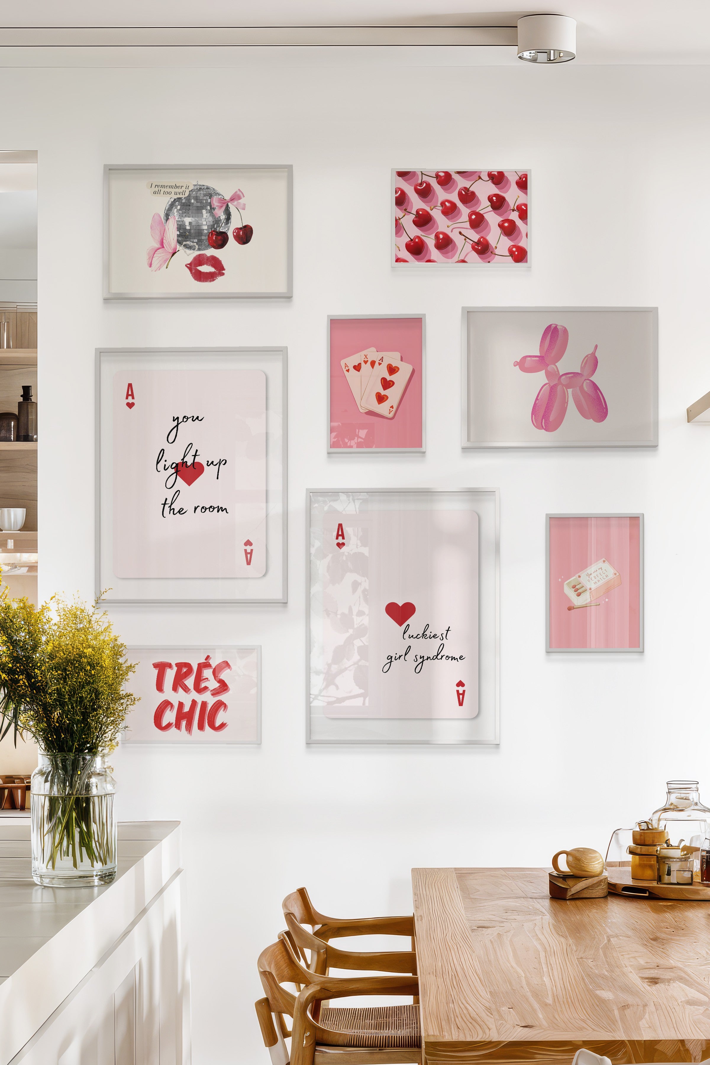 Çerçeveli Poster Seti, 8 Adet Beyaz Çerçeve ve Poster Pembe Maximalist Temalı Galeri Seti NO:063