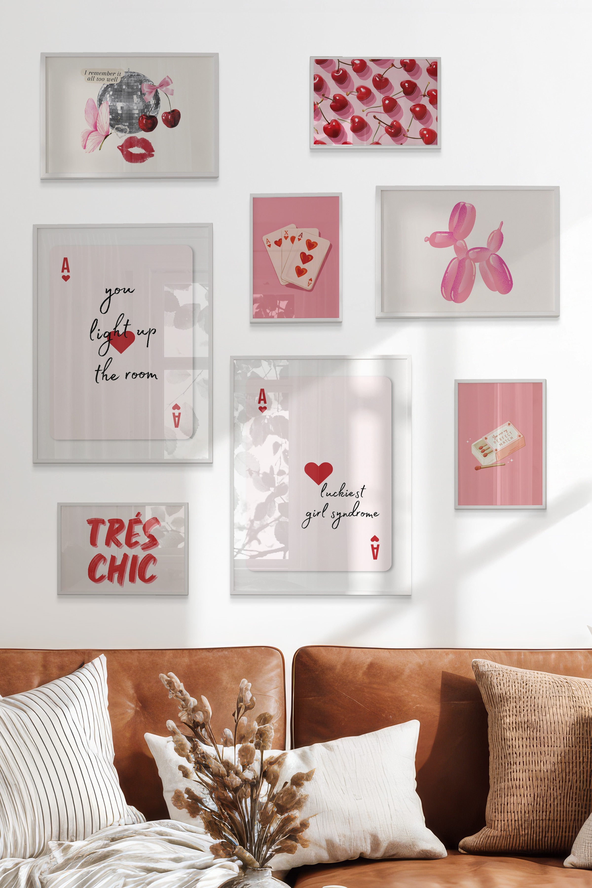 Çerçeveli Poster Seti, 8 Adet Beyaz Çerçeve ve Poster Pembe Maximalist Temalı Galeri Seti NO:063
