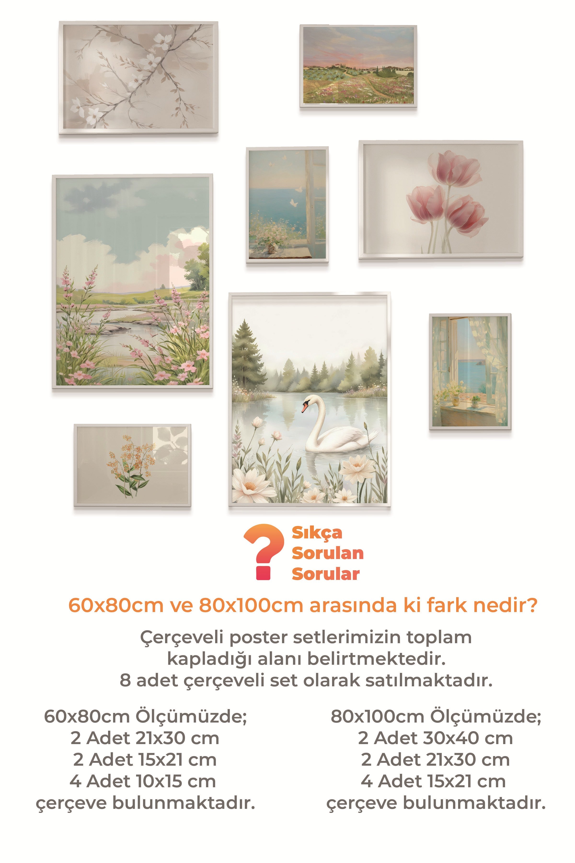 Çerçeveli Poster Seti, 8 Adet Beyaz Çerçeve ve Poster Pembe Vintage Temalı Galeri Seti NO:053