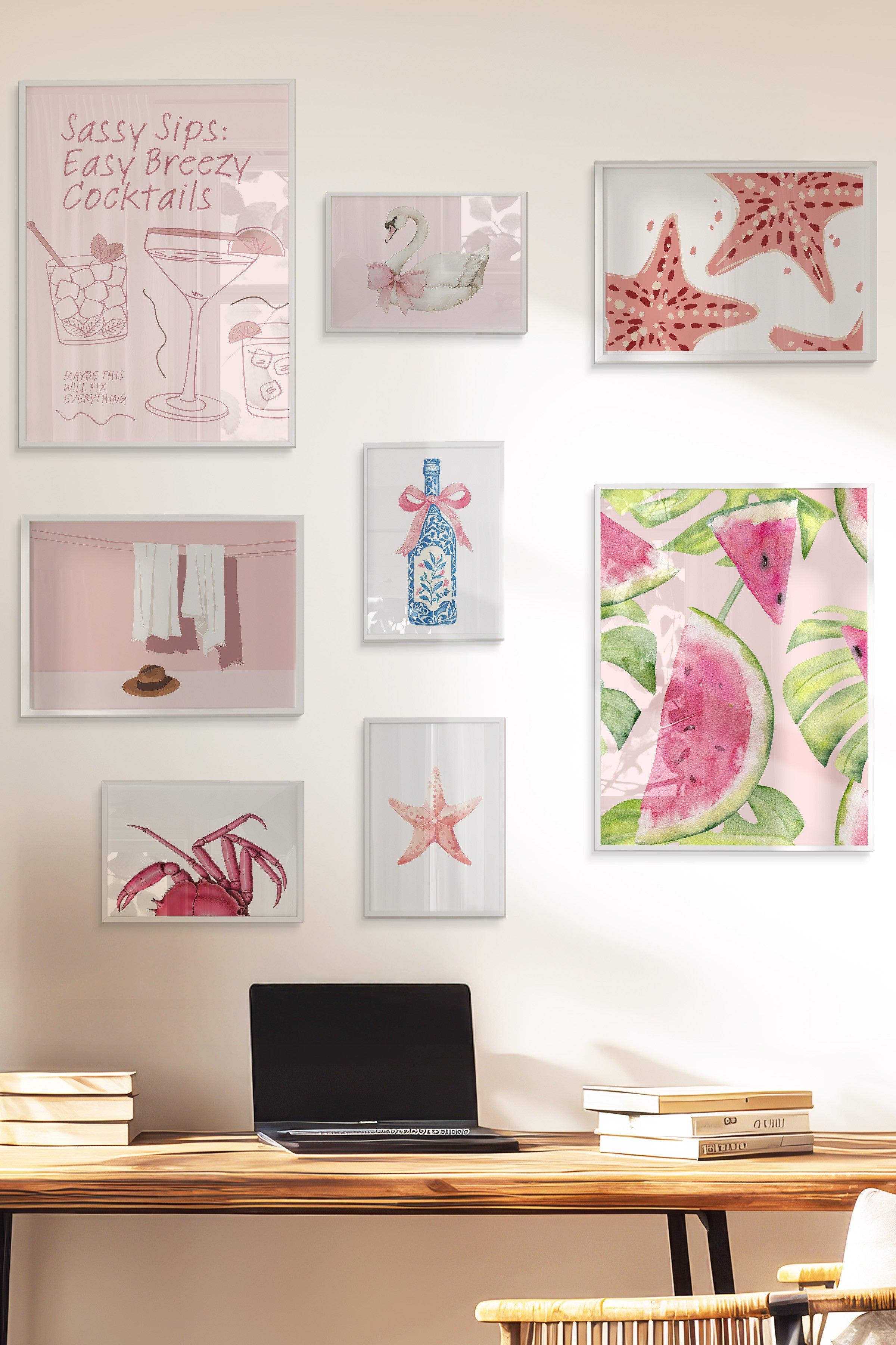Çerçeveli Poster Seti, 8 Adet Beyaz Çerçeve ve Poster Pembe Yaz Temalı Galeri Seti NO:056