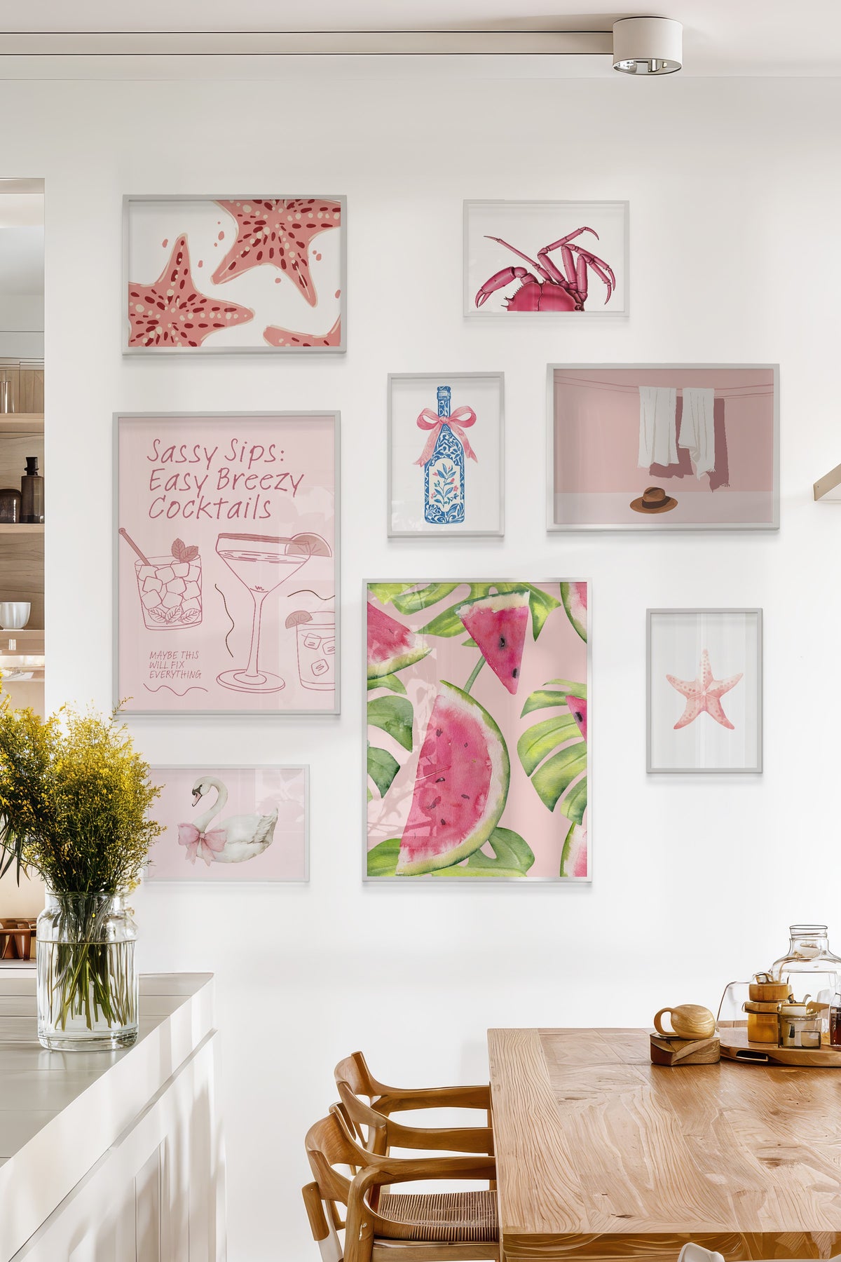 Çerçeveli Poster Seti, 8 Adet Beyaz Çerçeve ve Poster Pembe Yaz Temalı Galeri Seti NO:056