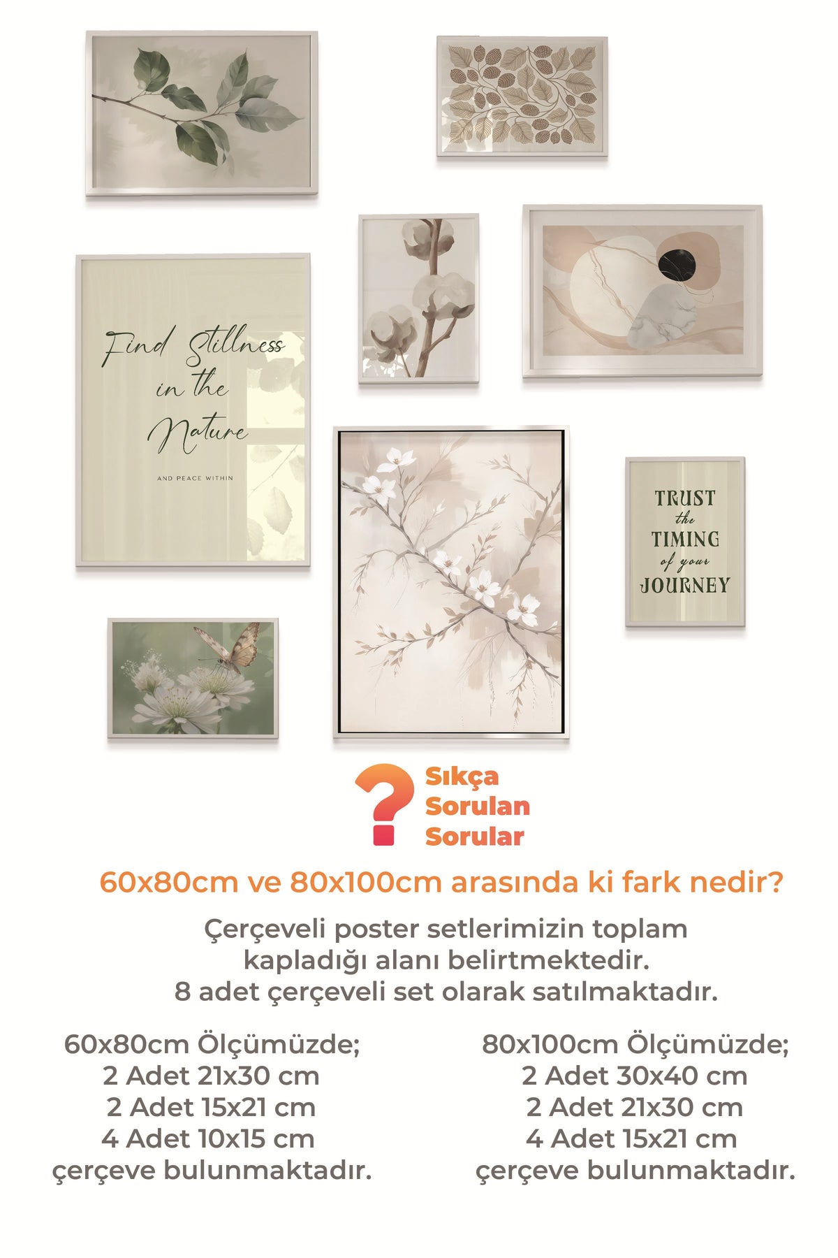 Çerçeveli Poster Seti, 8 Adet Beyaz Çerçeve ve Poster Soft Beyaz Vintage Temalı Galeri Seti NO:064