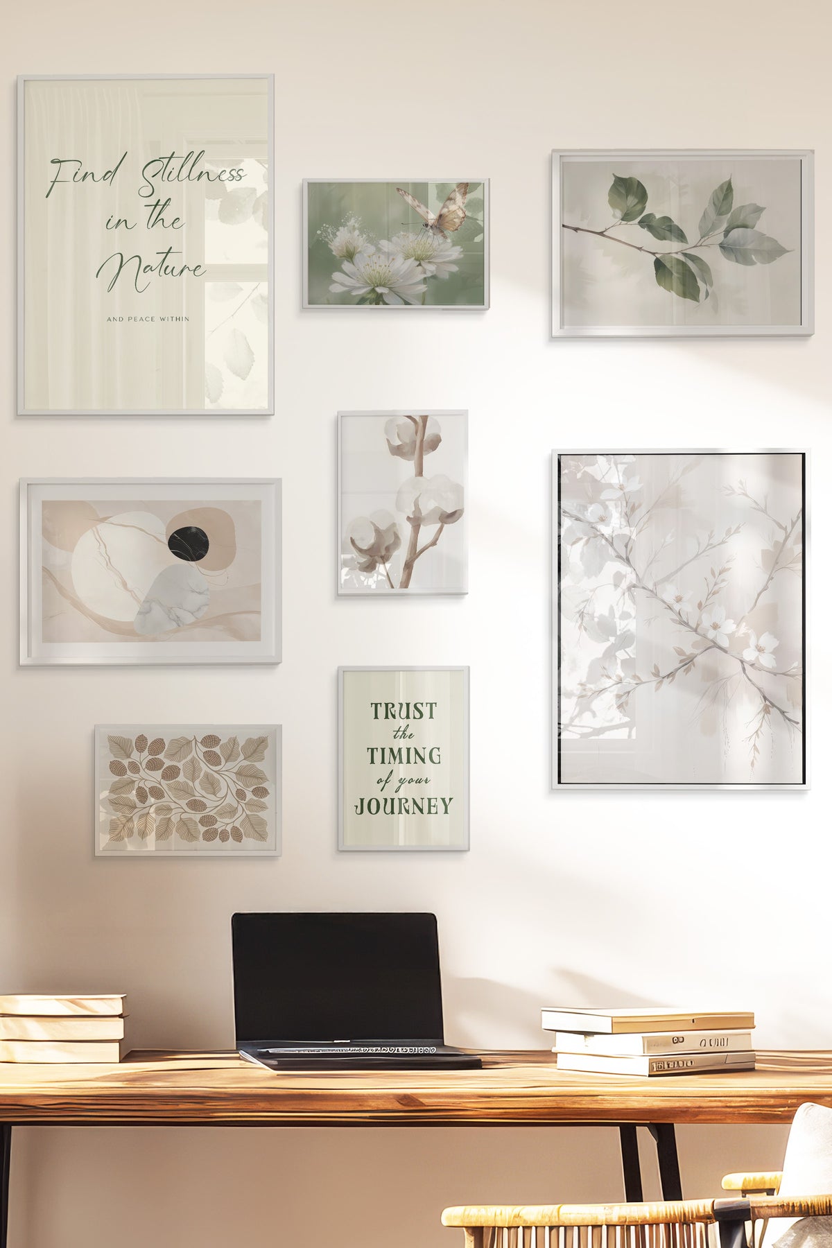 Çerçeveli Poster Seti, 8 Adet Beyaz Çerçeve ve Poster Soft Beyaz Vintage Temalı Galeri Seti NO:064