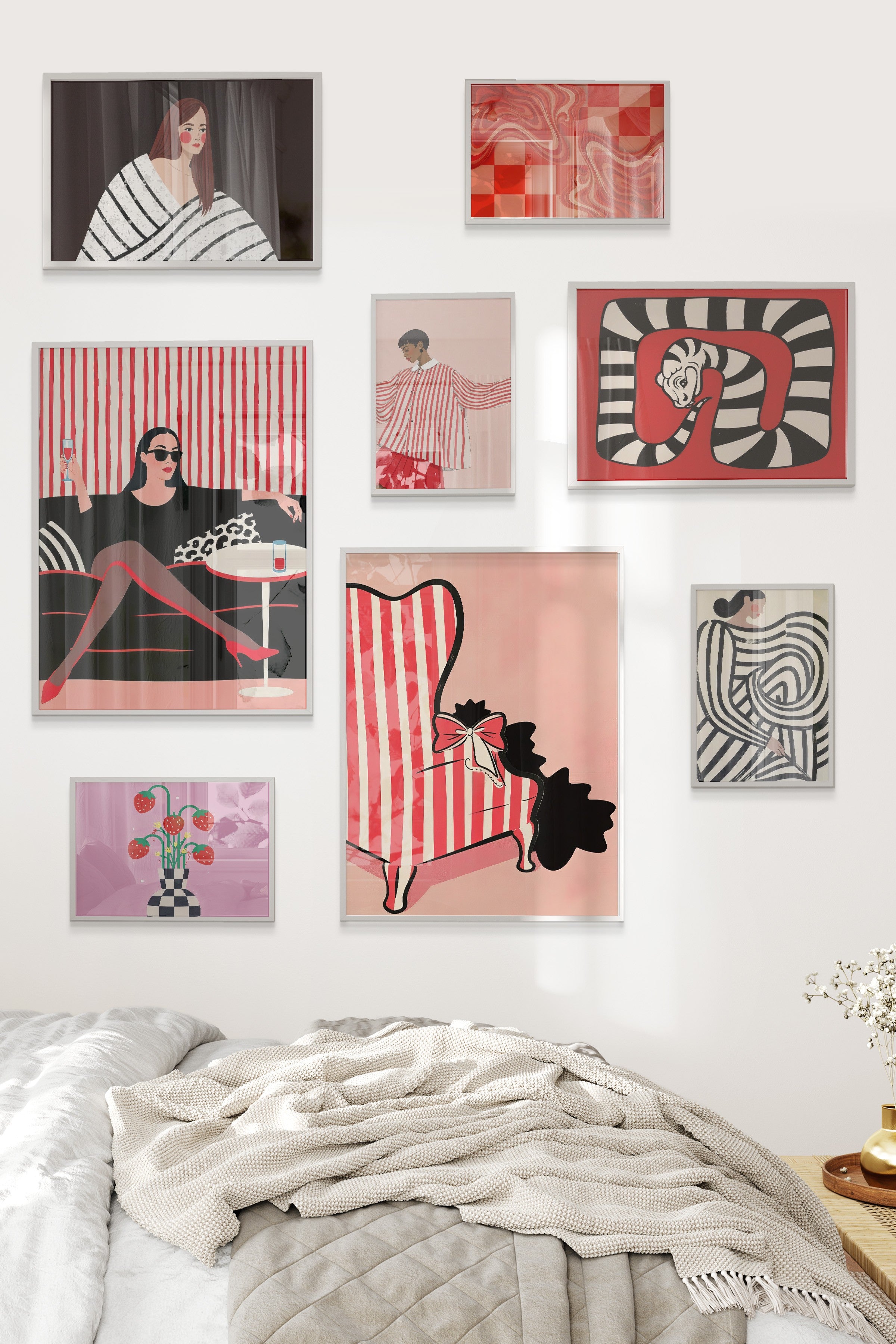 Çerçeveli Poster Seti, 8 Adet Beyaz Çerçeve ve Poster Vintage Pembe Temalı Galeri Seti NO:075