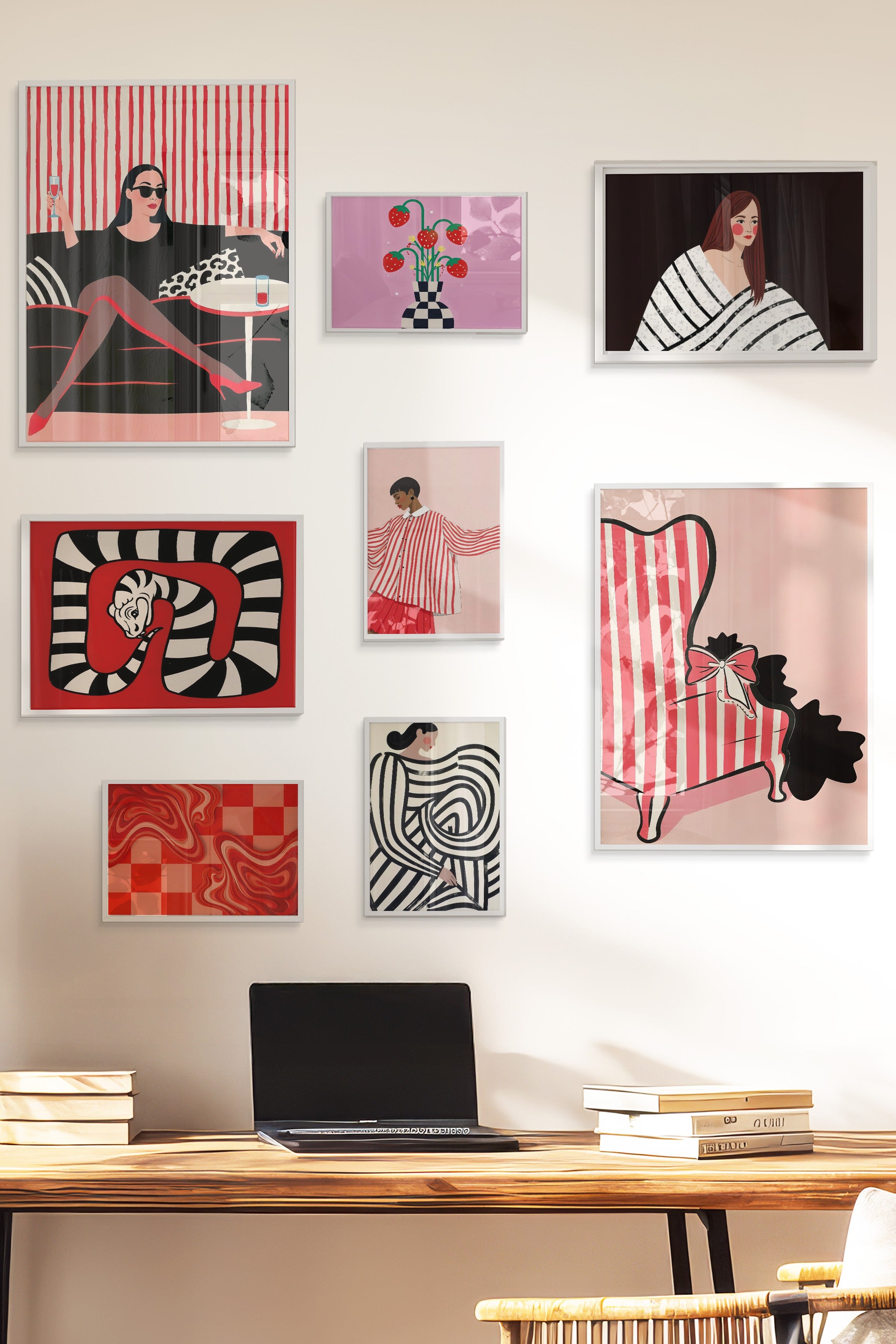 Çerçeveli Poster Seti, 8 Adet Beyaz Çerçeve ve Poster Vintage Pembe Temalı Galeri Seti NO:075