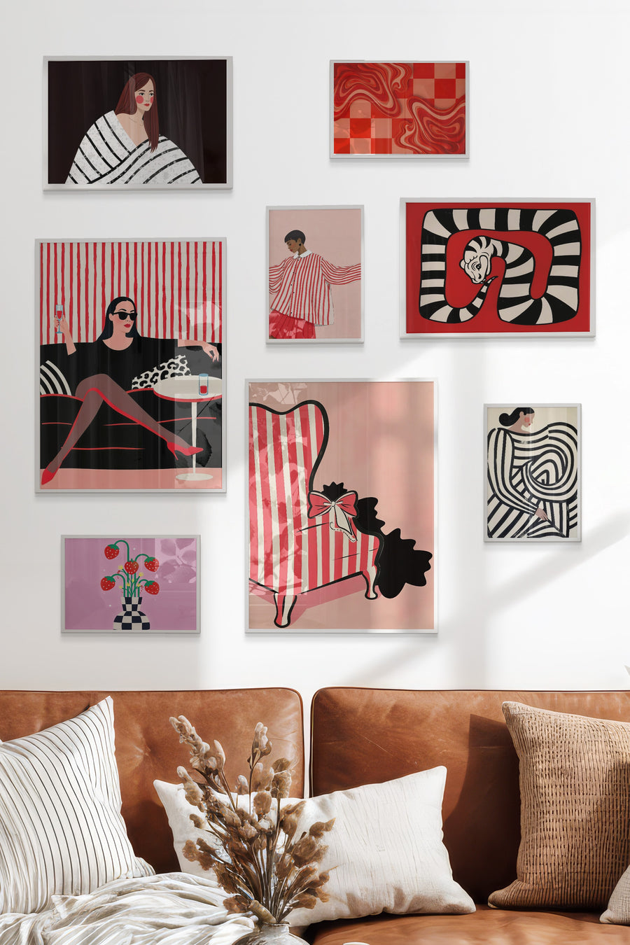 Çerçeveli Poster Seti, 8 Adet Beyaz Çerçeve ve Poster Vintage Pembe Temalı Galeri Seti NO:075