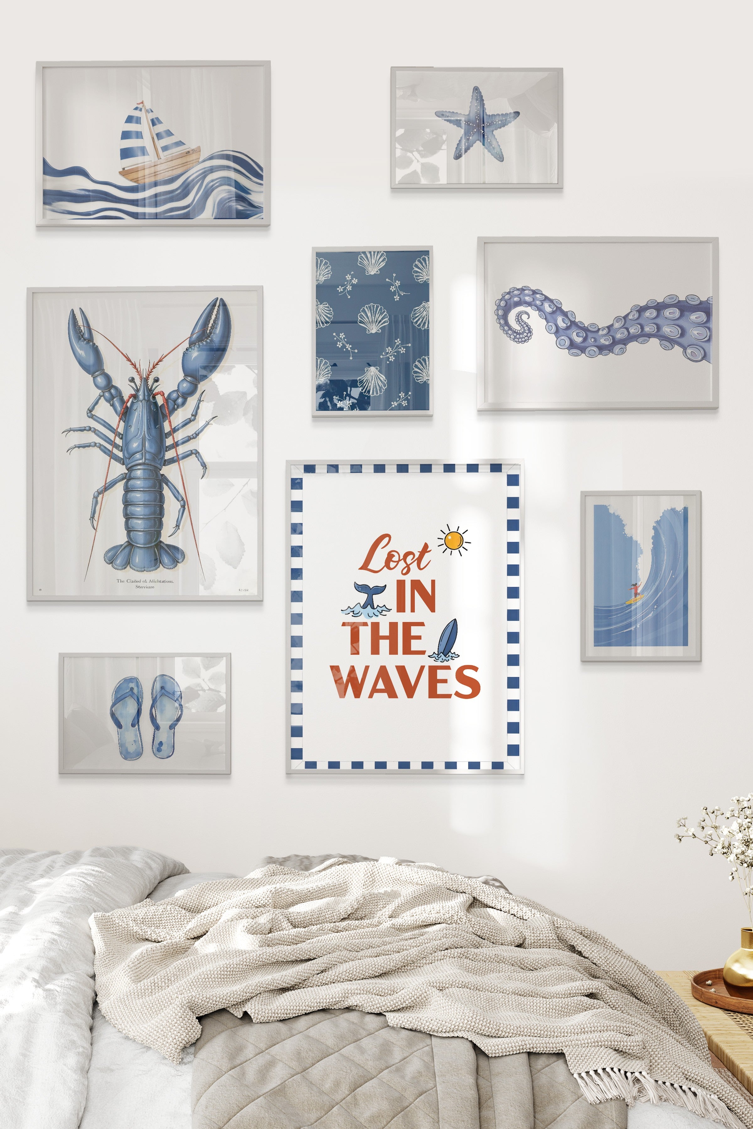 Çerçeveli Poster Seti, 8 Adet Beyaz Çerçeve ve Poster Yaz ve Mavi Temalı Galeri Seti NO:061