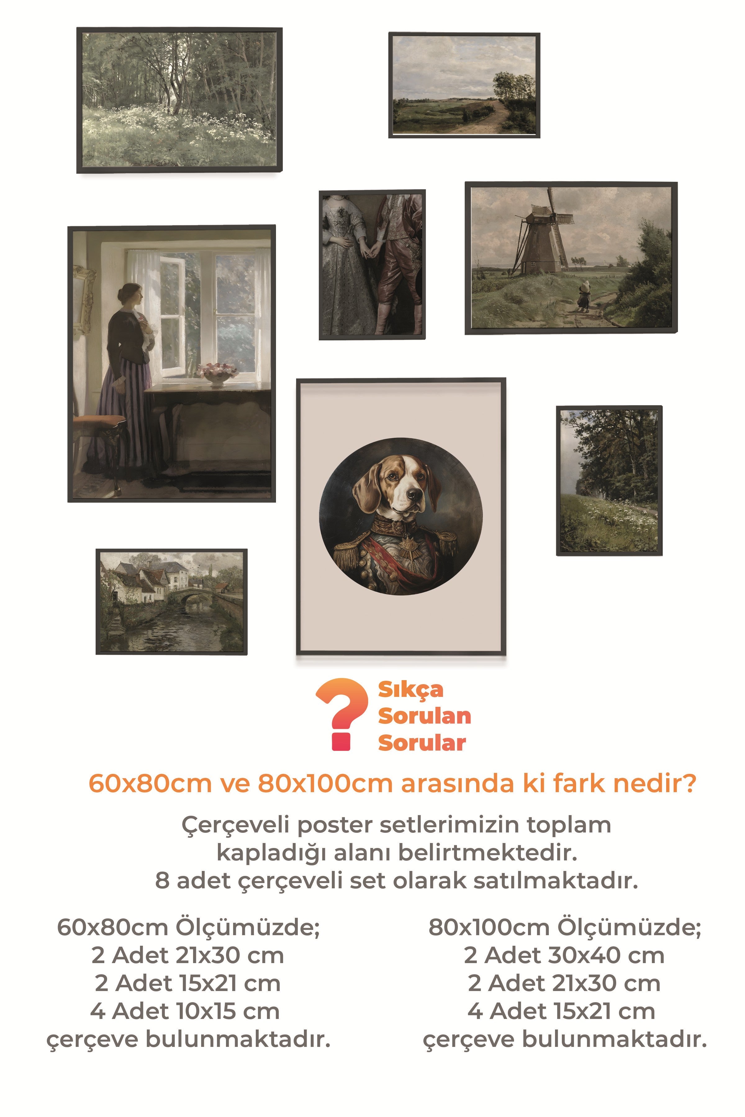 Çerçeveli Poster Seti, 8 Adet Siyah Çerçeve ve Poster Kahverengi Vintage Temalı Galeri Seti NO:065