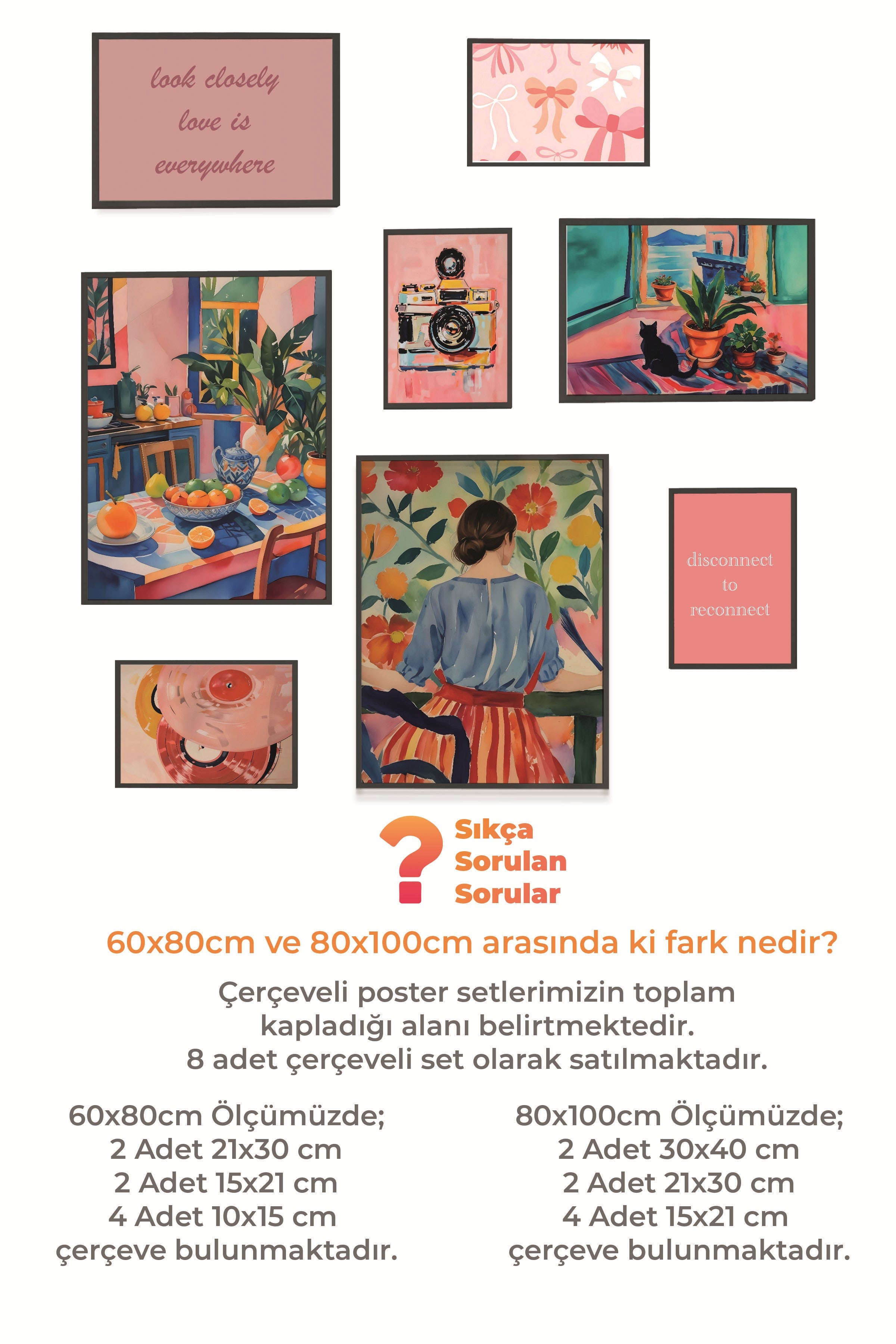 Çerçeveli Poster Seti, 8 Adet Siyah Çerçeve ve Poster Maximalist Temalı Galeri Seti NO:077