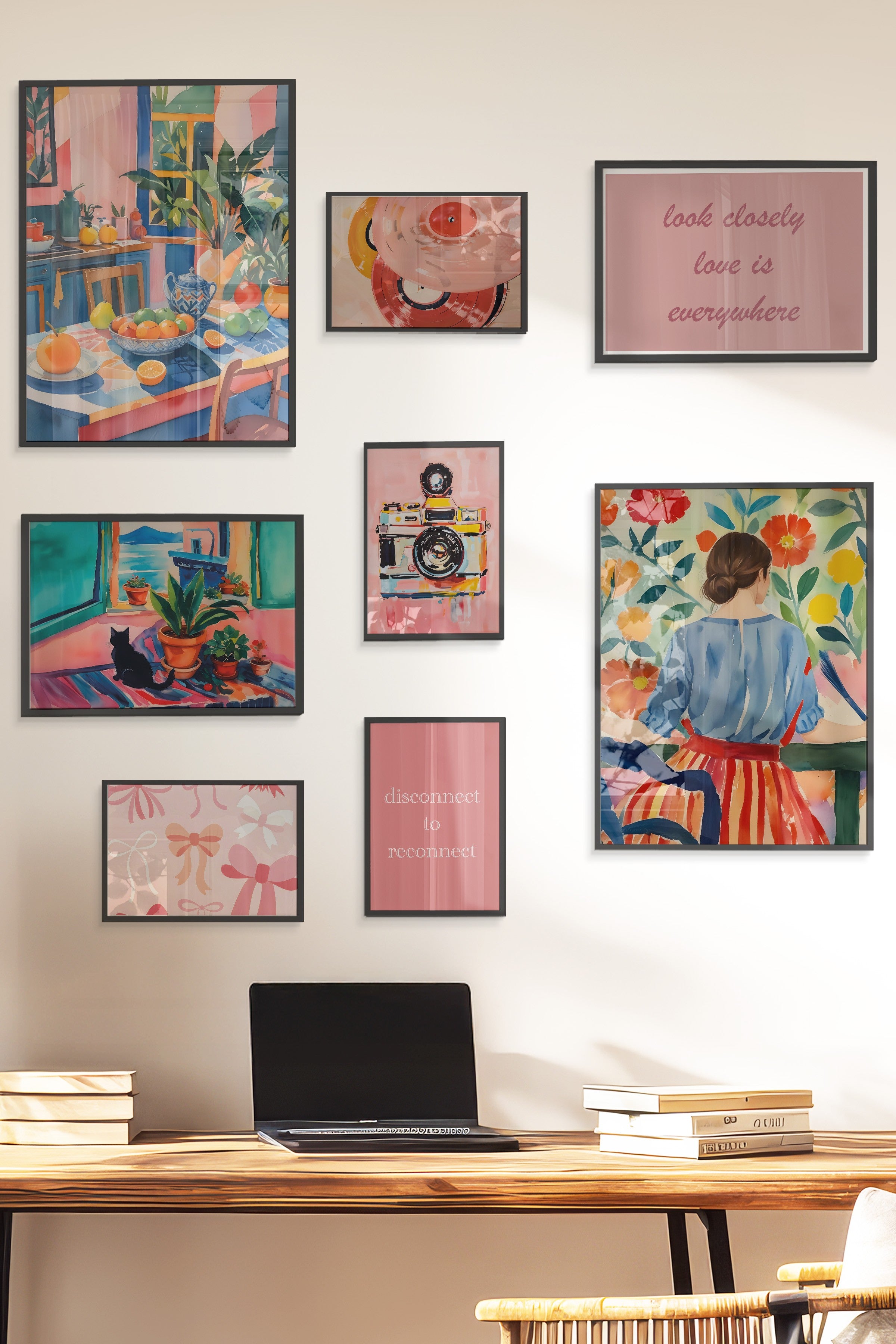 Çerçeveli Poster Seti, 8 Adet Siyah Çerçeve ve Poster Maximalist Temalı Galeri Seti NO:077