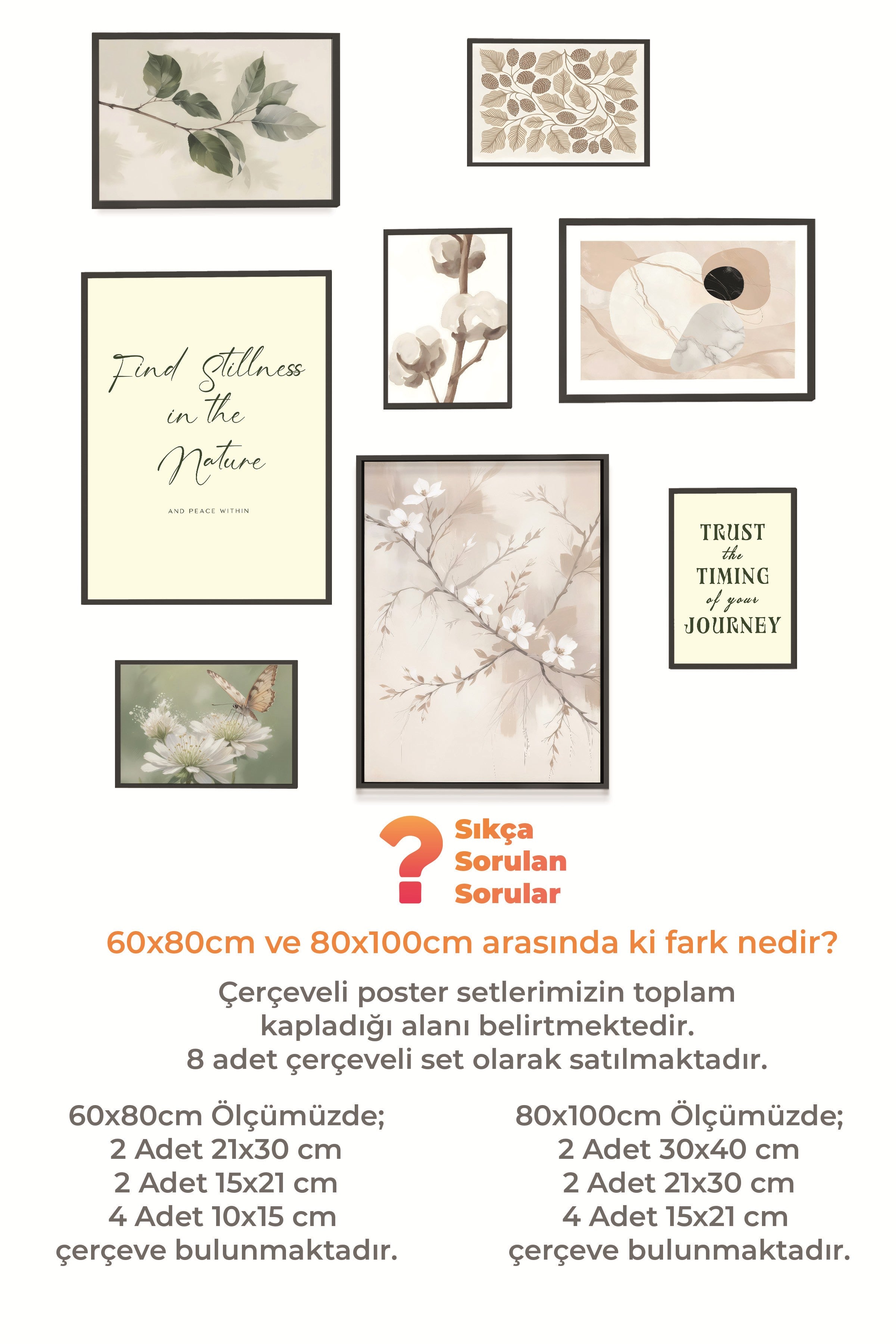 Çerçeveli Poster Seti, 8 Adet Siyah Çerçeve ve Poster Soft Beyaz Vintage Temalı Galeri Seti NO:064