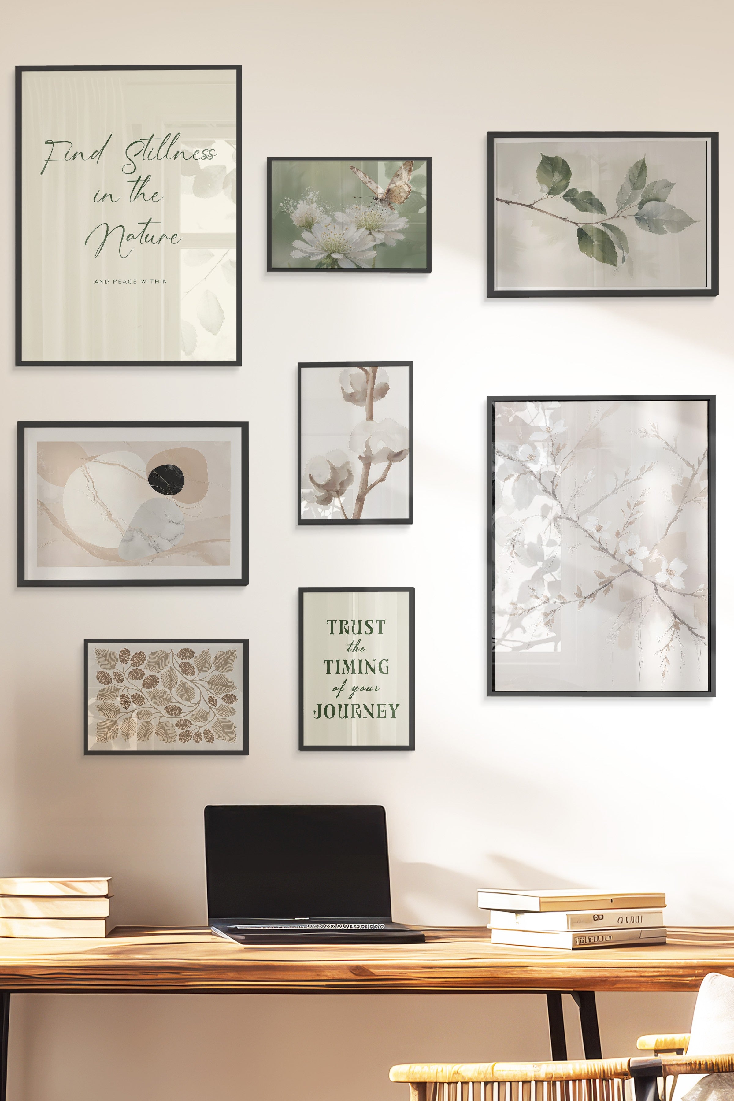Çerçeveli Poster Seti, 8 Adet Siyah Çerçeve ve Poster Soft Beyaz Vintage Temalı Galeri Seti NO:064