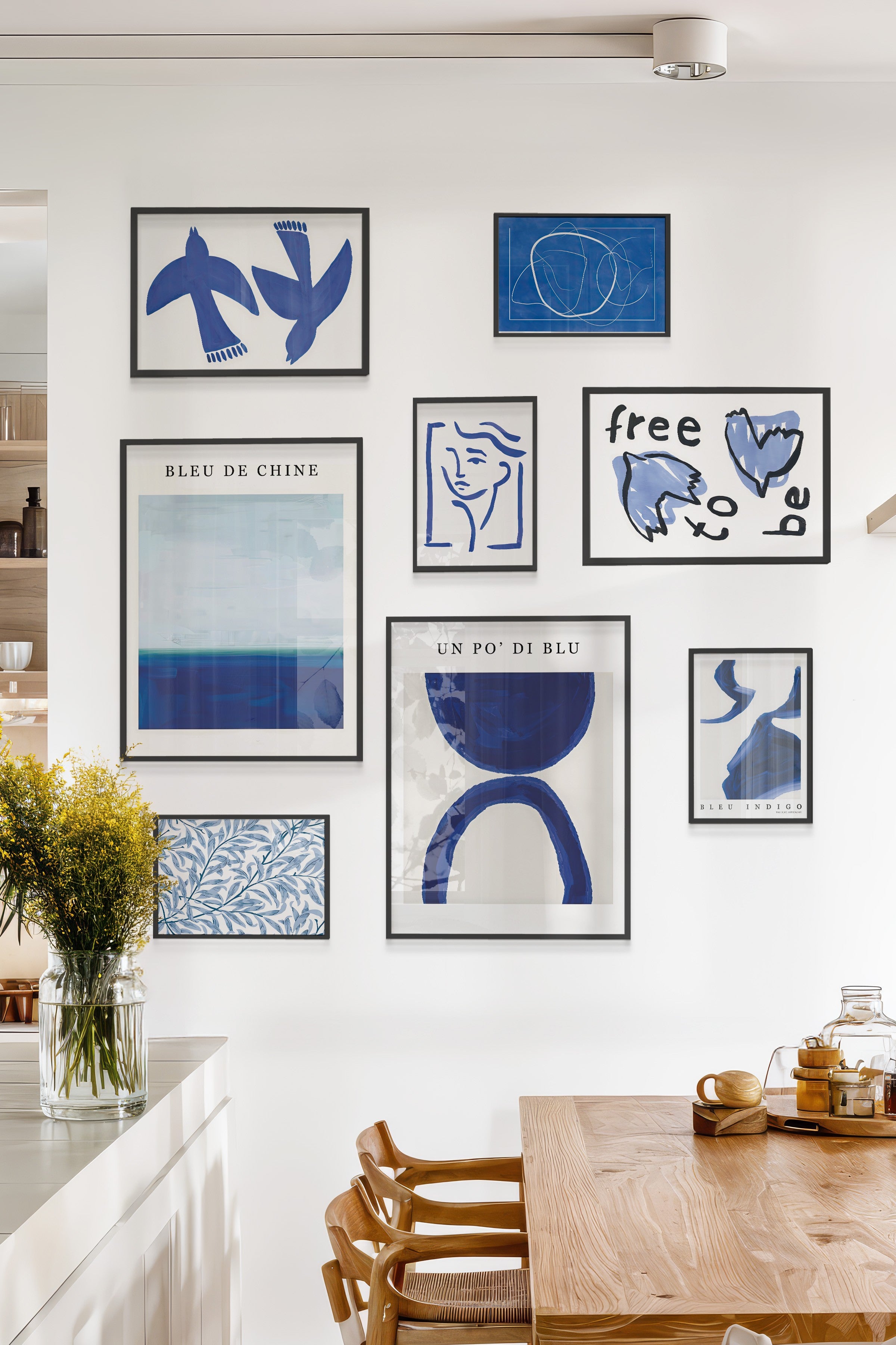 Çerçeveli Poster Seti, 8 Adet Siyah Çerçeve ve Poster Soyut Mavi Temalı Galeri Seti NO:078